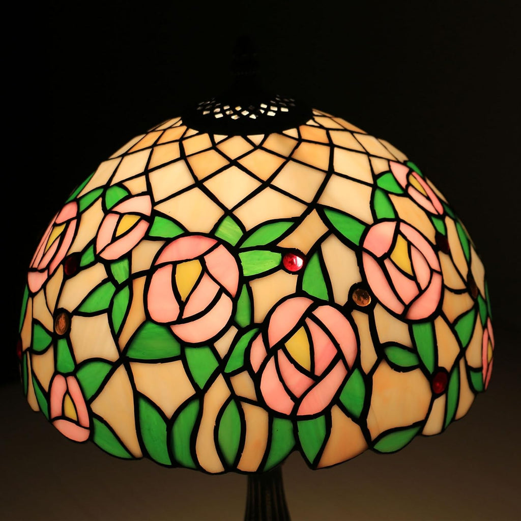 Tiffany Style 12 Inch Pastoral Stained Glass Table Lamp Green Leaves Tulip Rose Lamp Shade for Bedroom Bedside Living Room Restaurant,Light Pink