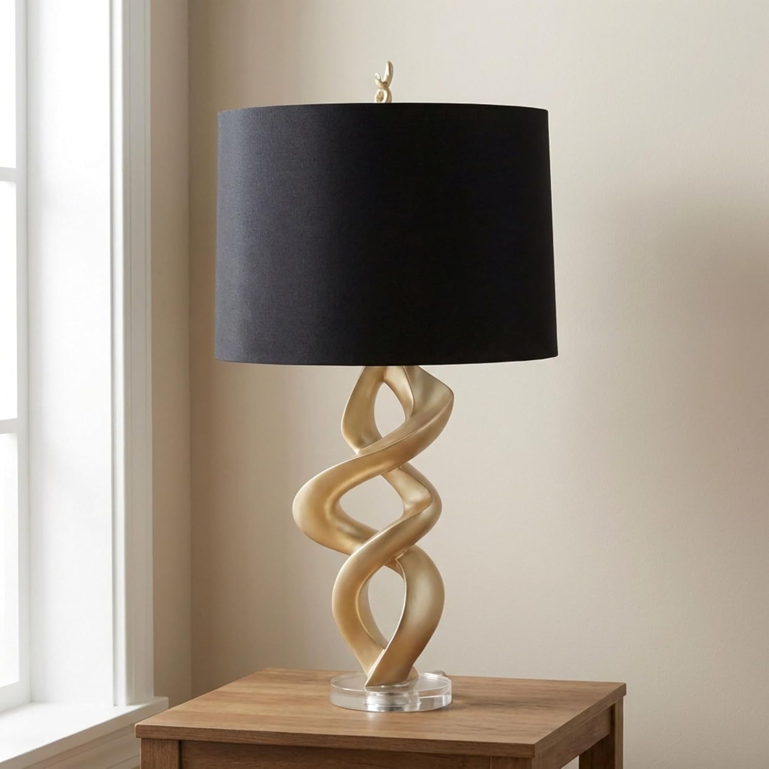 Sagebrook Home Modern Gold Table Lamp – Swirl Design, Black Linen Drum Shade, Resin & Crystal Base – Ideal for Bedroom, Living Room, Office, or Home Decor, 30 Inches
