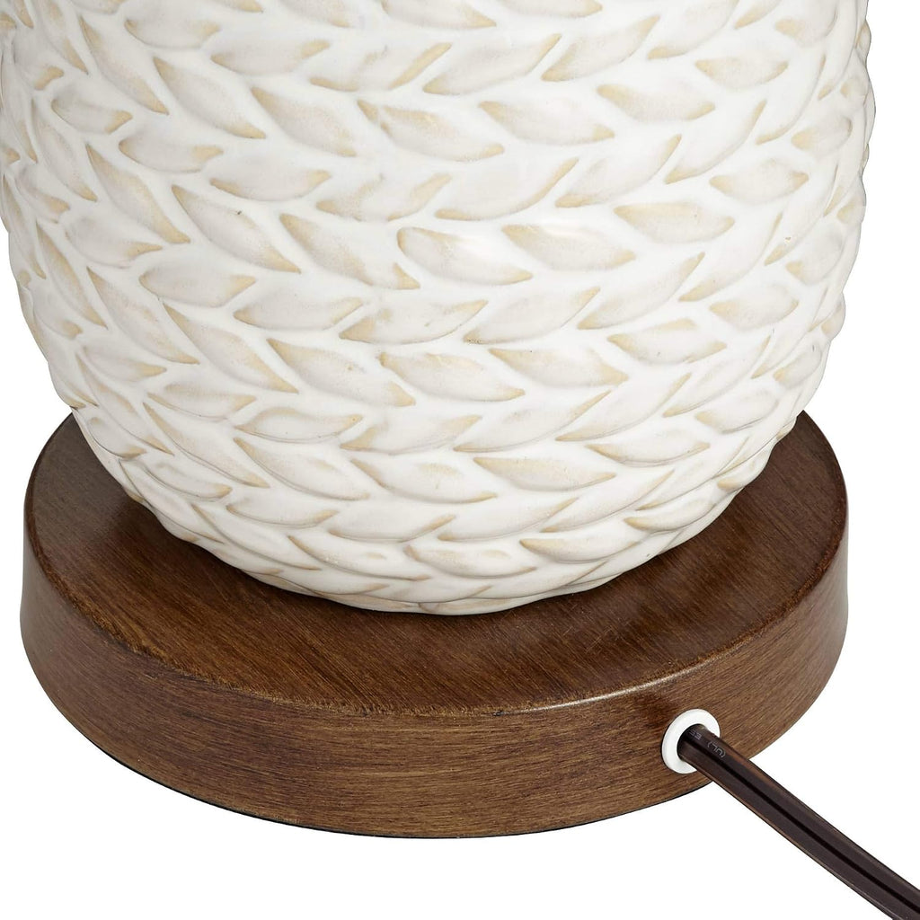 Possini Euro Design Kingston Mid Century Modern Table Lamp 32 3/4' Tall White Grooved Patterned Ceramic Taupe Drum Shade for Bedroom Living Room House Bedside Nightstand Home Office Entryway Family