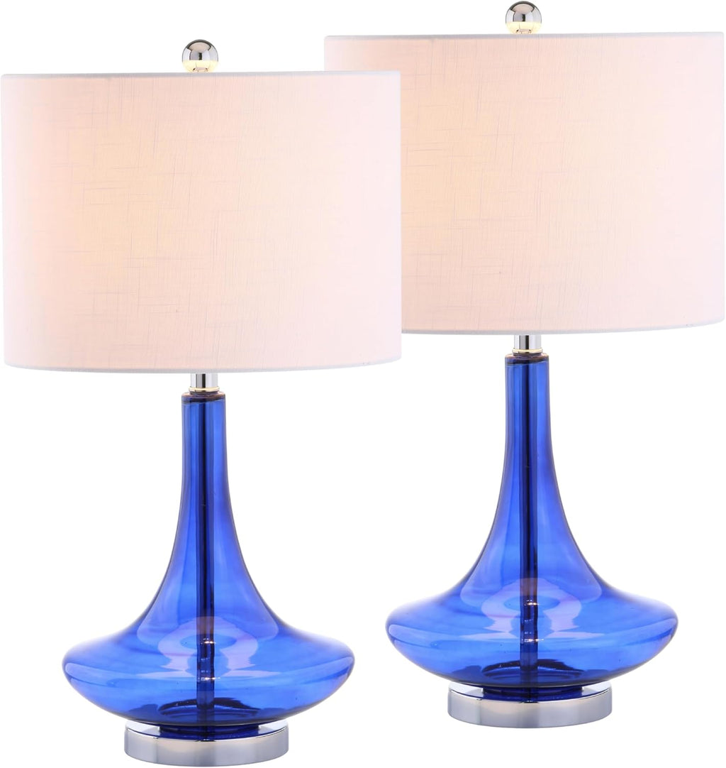 JONATHAN Y 25.5' Cobalt/Chrome Glass Teardrop Table Lamp Set of 2 for Bedroom, Modern Bedside Lamps for Living Room, White Linen Drum Shade, LED Bulbs Included (JYL1081D-SET2)