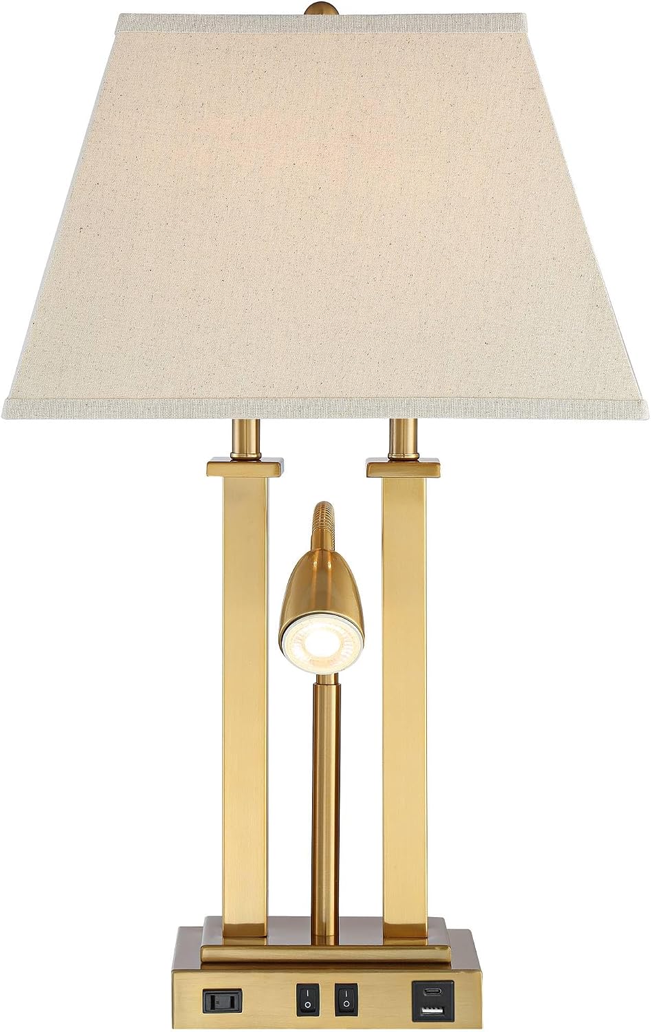 Possini Euro Design Deacon 26' High Traditional Desk Lamps Set of 2 USB Port AC Power Outlet Gooseneck Gold Brass Finish Metal Oatmeal Shade Home Office Living Room Charging Bedroom Bedside