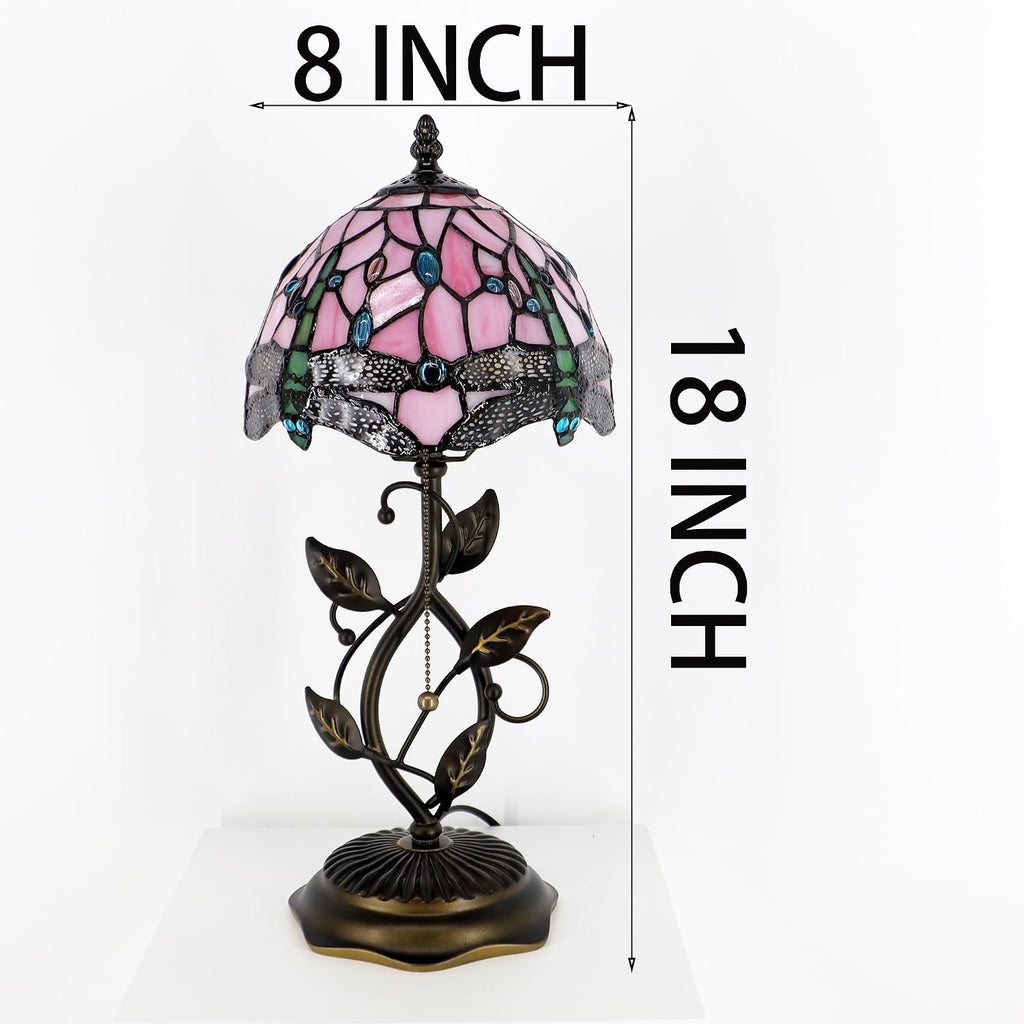 Small Tiffany Lamp Pink Dragonfly Style Stained Glass Table Lamps Desk Bedside Reading Light 8X8X18 Inches with Bronze Metal Leaf Resin Base