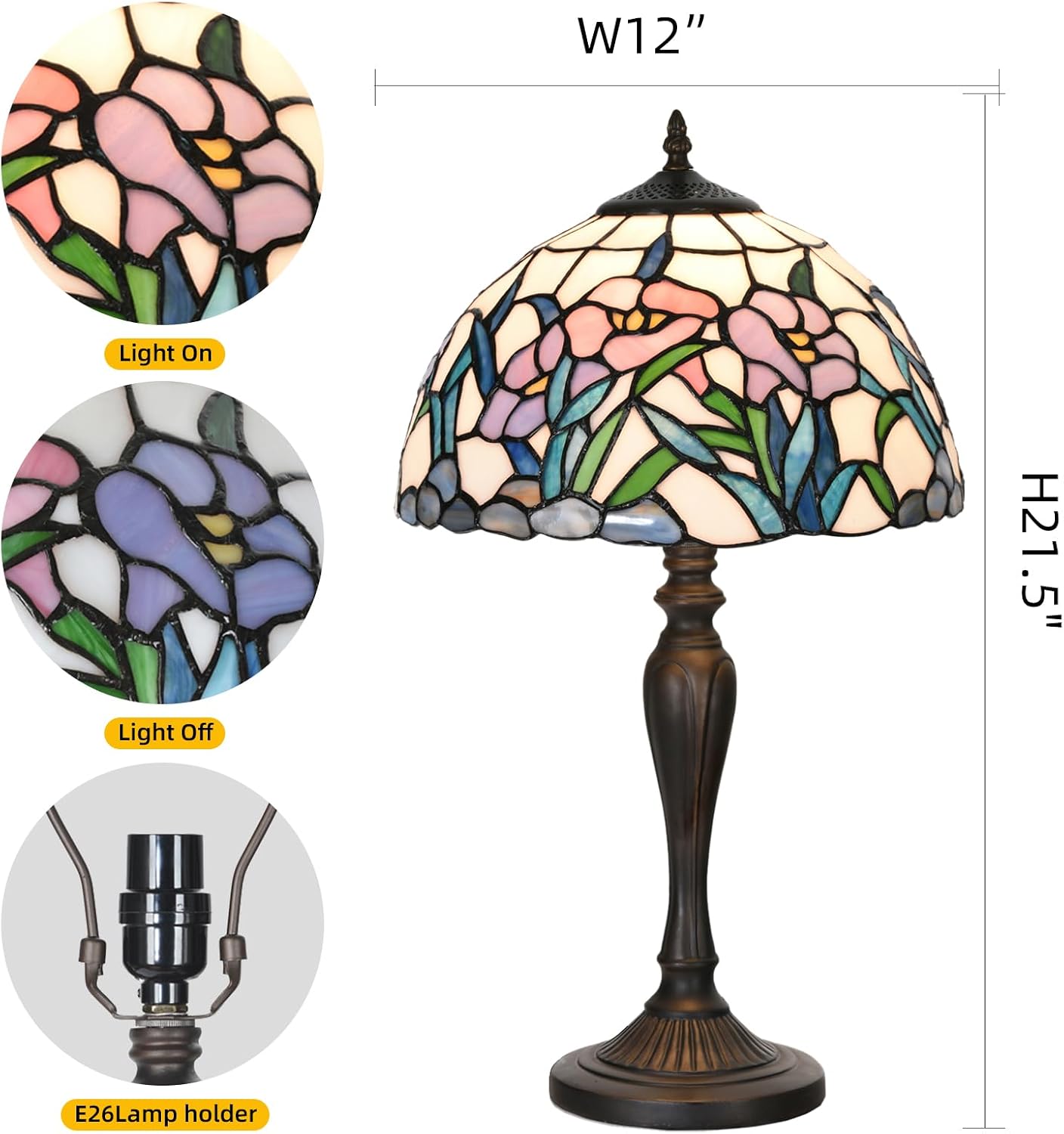 TL0004 Tiffany Table Lamp Stained Glass Bedside Lamp Daffodfil Flowers Design Reading Desk Light 12X21.5 Inches for Bedroom Living Room Home Office, lED Bulb Included
