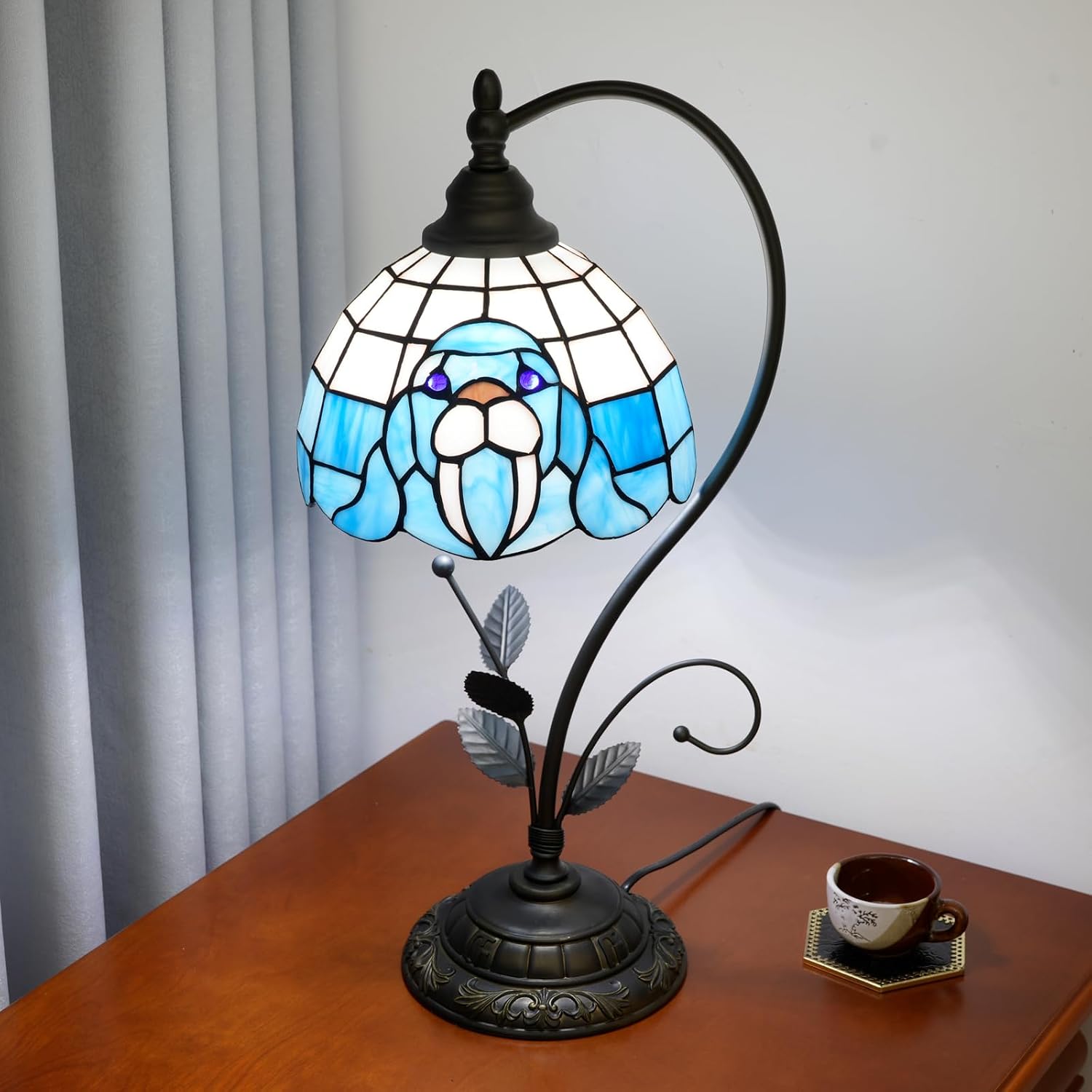 Tiffany Table Lamp Blue Walrus Stained Glass Bedside Lamp Tiffany Style S Metal Leaves Desk Light for Home Living Room Office Dormitory Bar Family Friends Gift