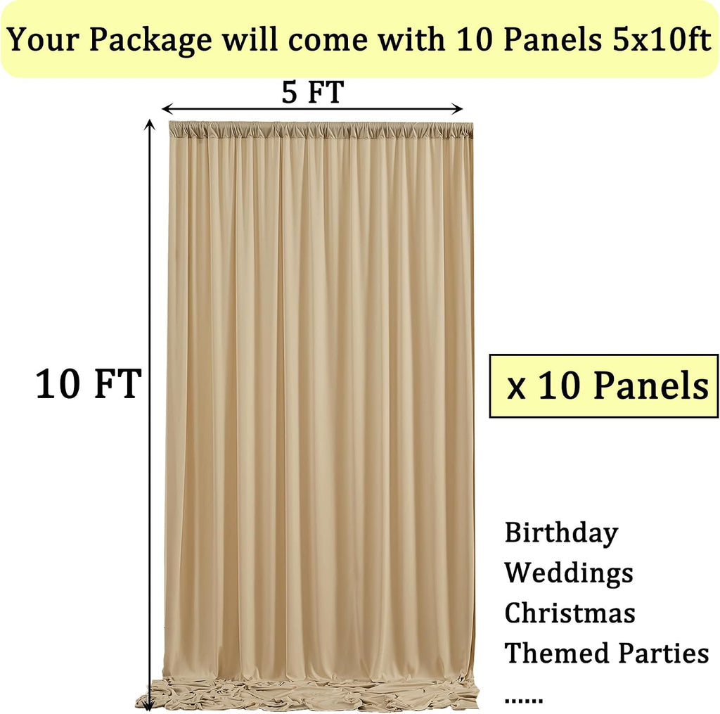 50ftx10ft Wrinkle Free Champagne Backdrop Curtains for Parties, 10 Panels 5x10ft Thick Polyester Backdrop Drapse for Weddings Birthday Photography Background Curtains