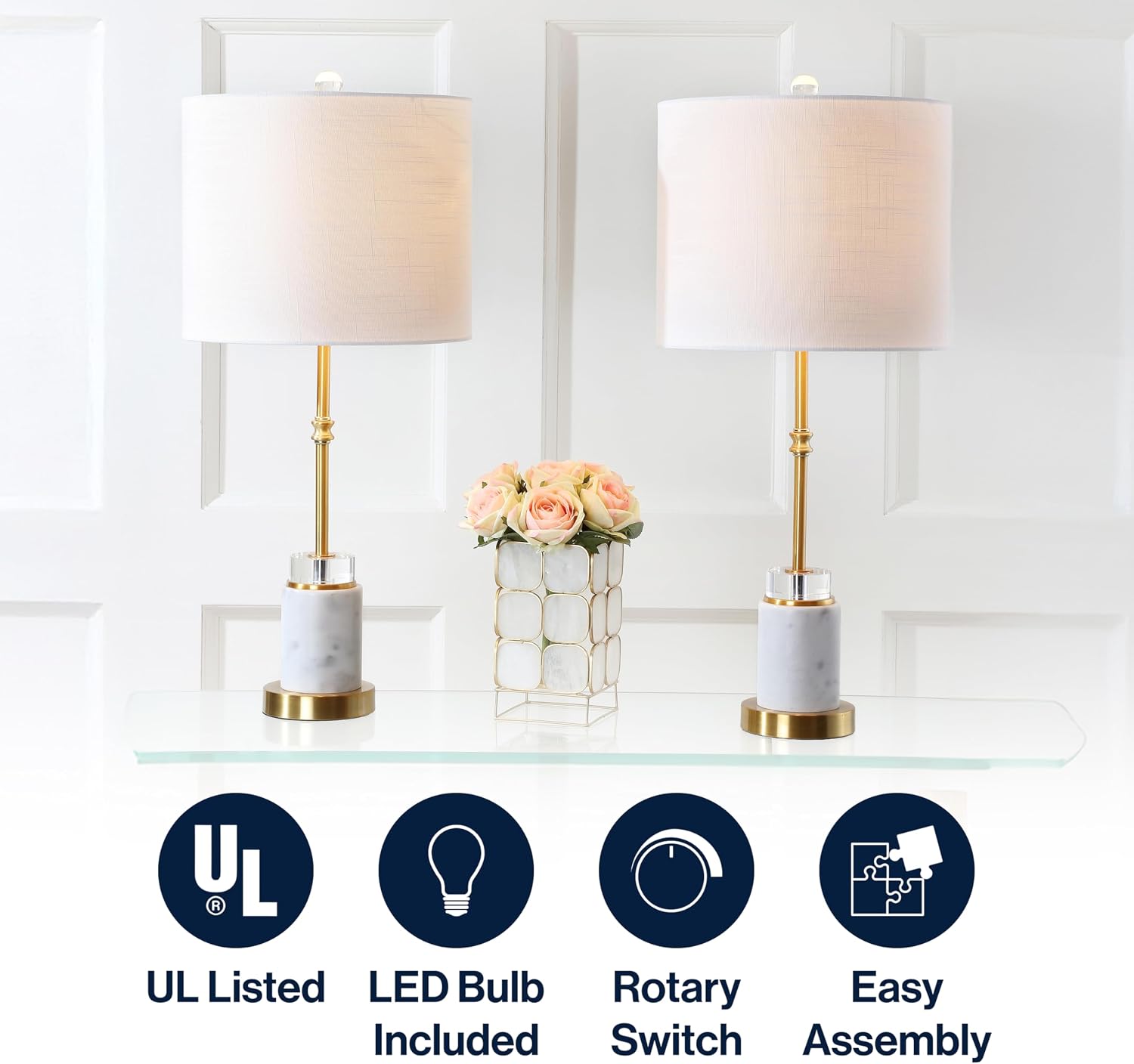 JONATHAN Y 27' Marble and Brass Gold Table Lamp Set of 2, Modern Glam Crystal Column Lamp with White Linen Drum Shade for Living Room Bedroom, LED Bulbs Included JYL5003A-SET2