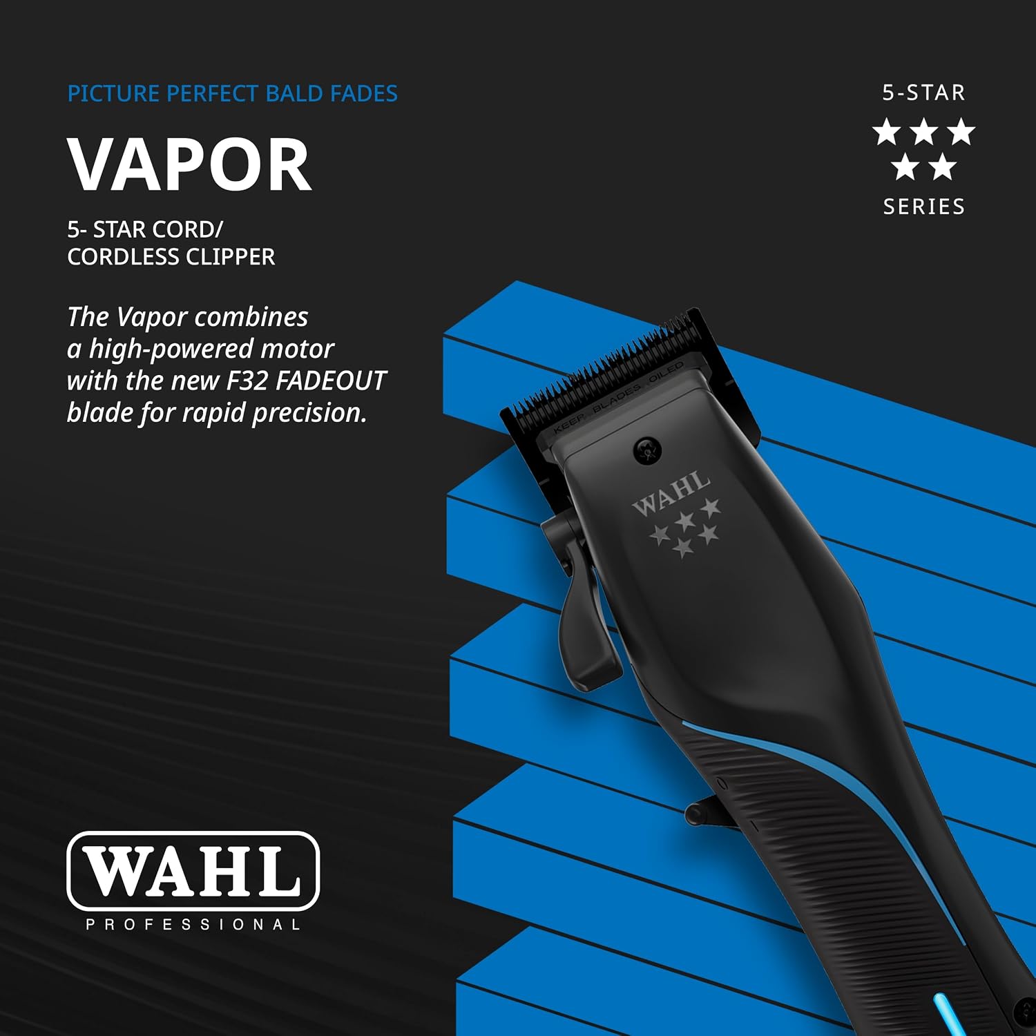 Wahl Professional 5 Star Vapor Clipper with Low Profile Charging Stand, Corded/Cordless, Adjustable F32 Fadeout Blade, Barber Bundle