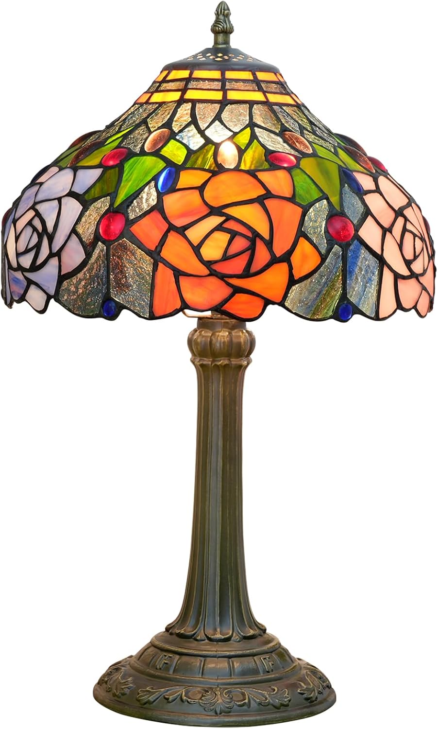 Tiffany Style Stained Glass Lamp Red Orange Purple Pink Rose Table Lamp Bedroom Bedside Reading Desk Light for Living Office Retro Unique Cute Accent Decor 12' Village Gift Nightstand Lamps