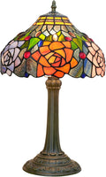 Tiffany Style Stained Glass Lamp Red Orange Purple Pink Rose Table Lamp Bedroom Bedside Reading Desk Light for Living Office Retro Unique Cute Accent Decor 12' Village Gift Nightstand Lamps