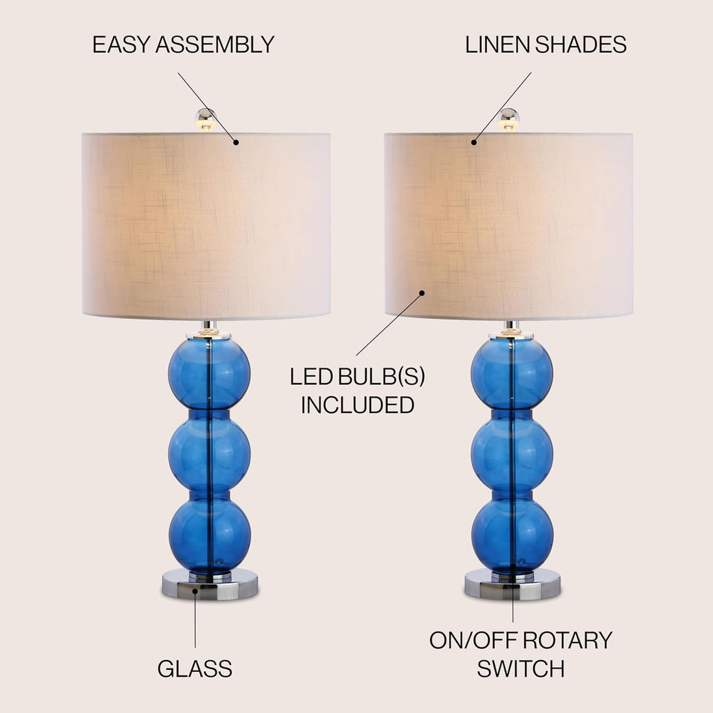 JONATHAN Y 27' Cobalt Blue/Chrome Triple-Sphere Glass Table Lamp Set of 2, Bedside, White Linen Shade, Modern Table Lamps for Living Room, Bedroom, Office, LED Bulbs Included (JYL1070E-SET2)