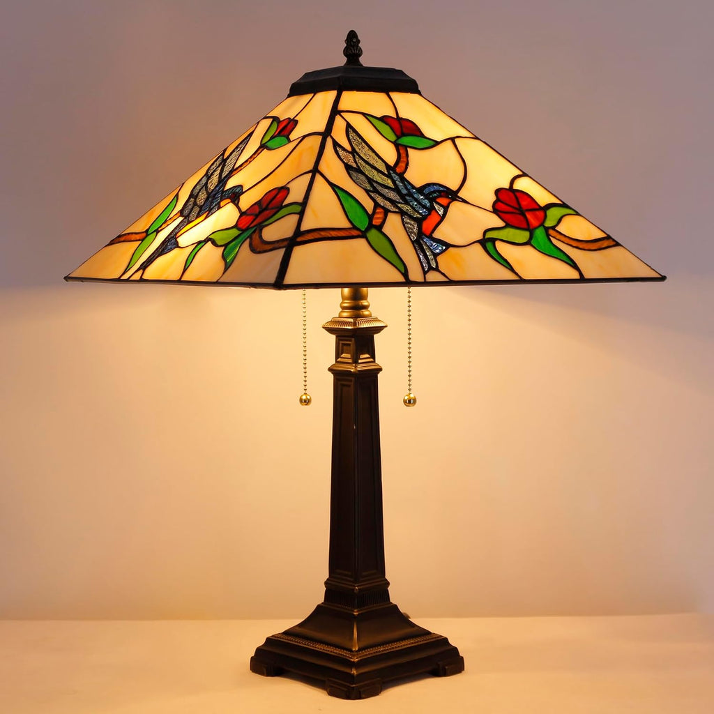 Tiffany Table Lamp Amber Hummingbird Mission Style Stained Glass 16X16X23 Inches Desk Reading Light for Bedrooms Living Room Study Home Office