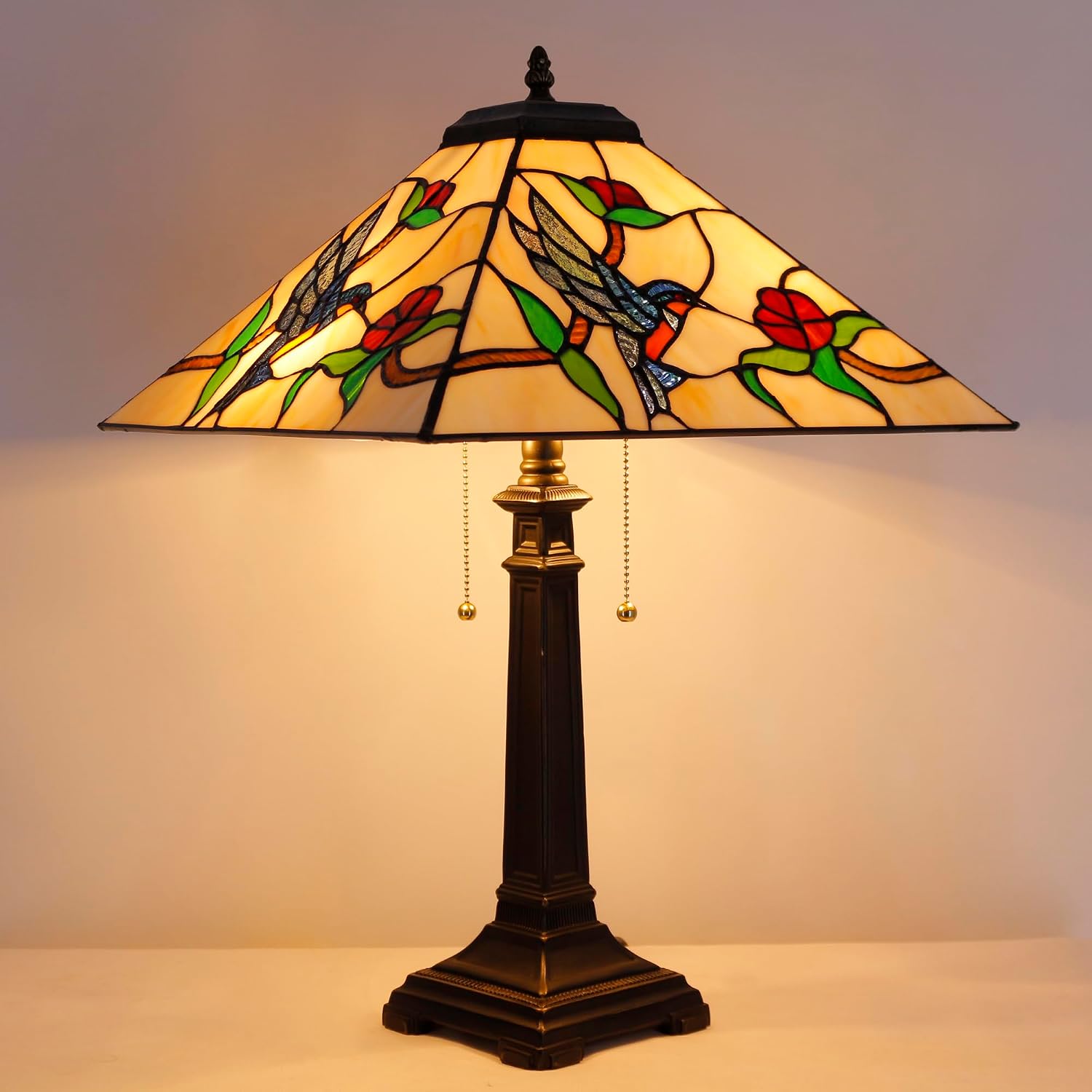 Tiffany Table Lamp Amber Hummingbird Mission Style Stained Glass 16X16X23 Inches Desk Reading Light for Bedrooms Living Room Study Home Office