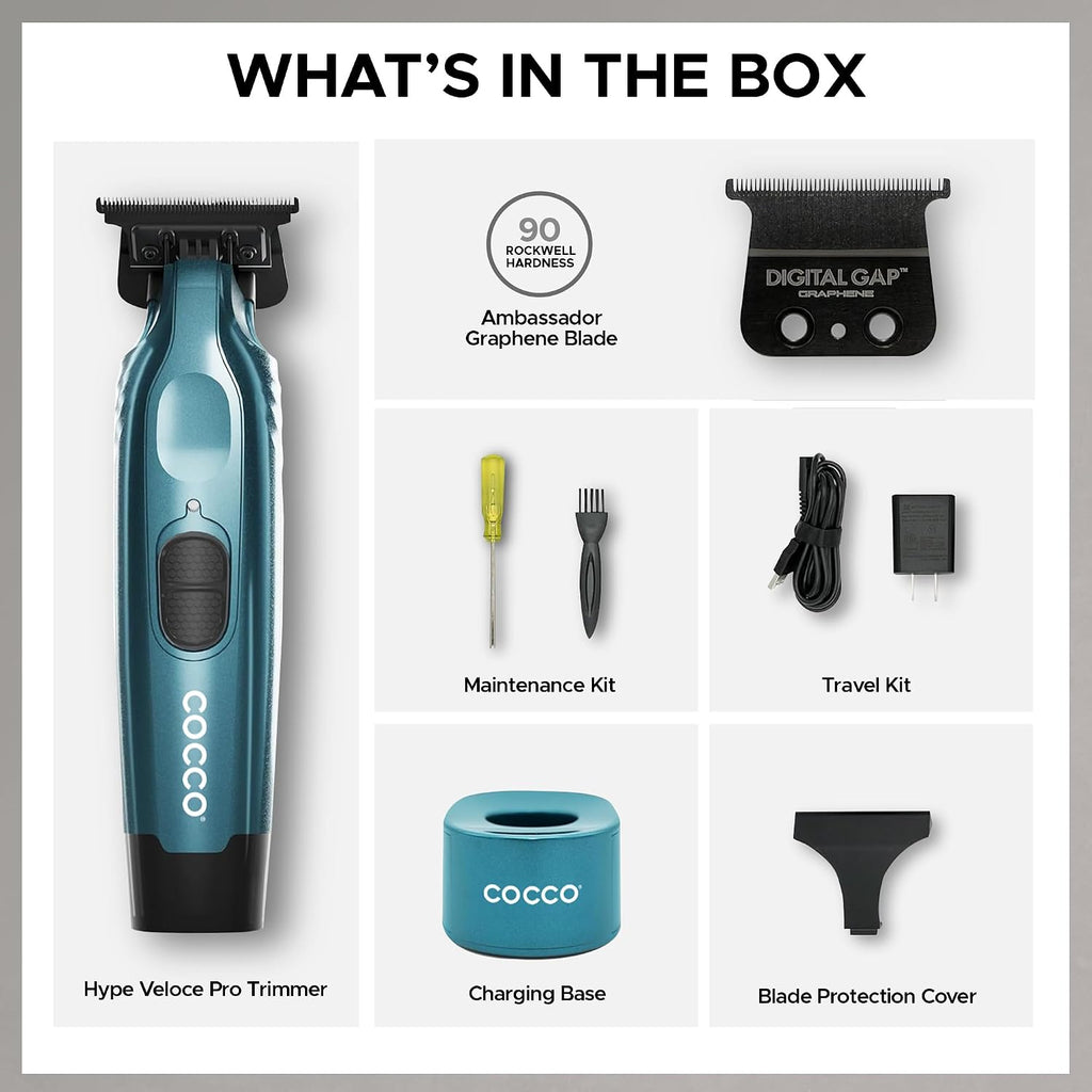 Cocco Hyper Veloce Pro Trimmer, Digital Gap Graphene Blade Edger, High-Torque Brushless BLDC Motor, Cordless, All-Metal Design, Lithium-Ion Battery, Charging Base Included