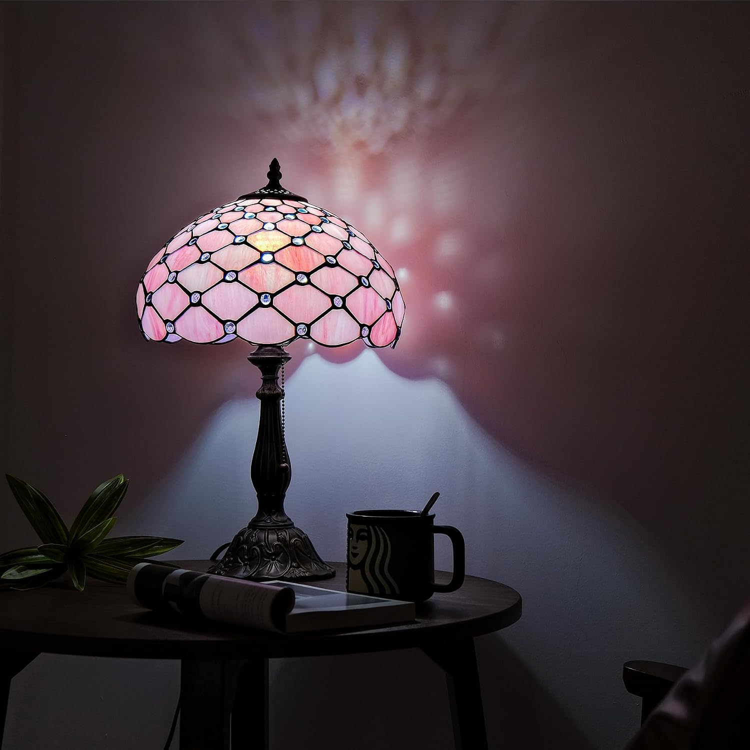 Tiffany Lamp Vintage Pink Stained Glass Bead Table Lamp Desk Bedside Reading Light Decor Bedroom Living Room Home Office D12*H18 Inches