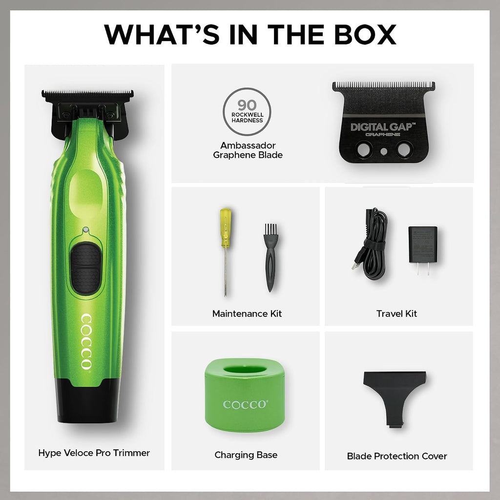 Cocco Hyper Veloce Pro Trimmer, Digital Gap Graphene Blade Edger, High-Torque Brushless BLDC Motor, Cordless, All-Metal Design, Lithium-Ion Battery, Charging Base Included