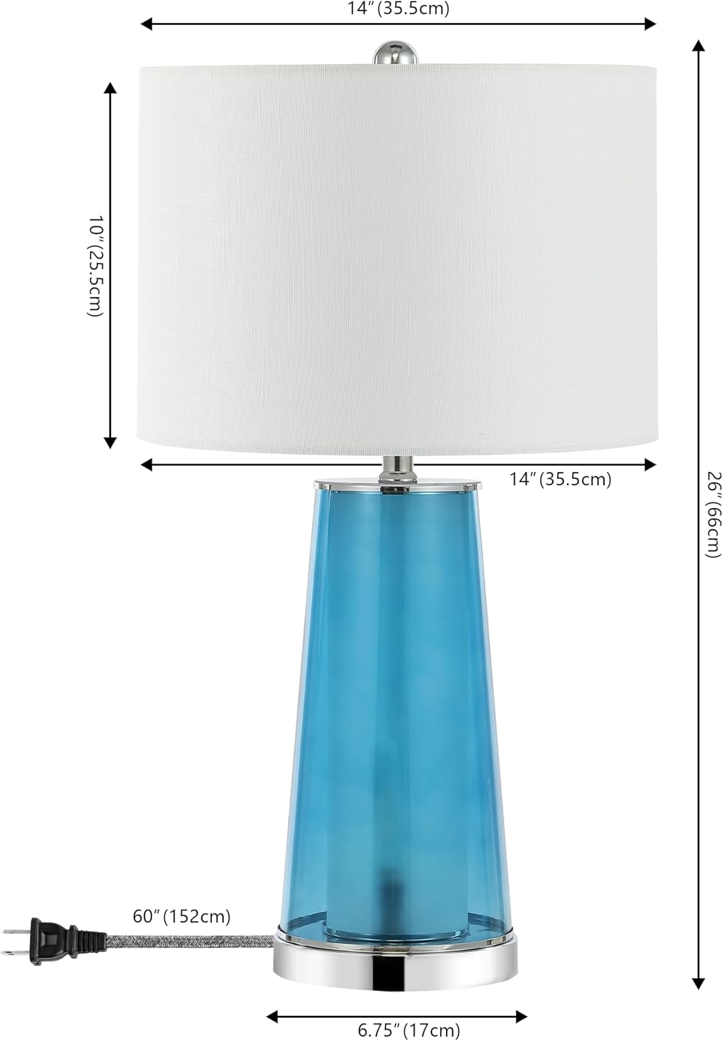 JONATHAN Y 26' Chrome/Clear Blue Nightlight Table Lamp Set of 2 for Bedroom, Modern Glass Desk Lamps with White Fabric Shade, Farmhouse Living Room Decor, LED Bulbs Included (JYL1137B-SET2)
