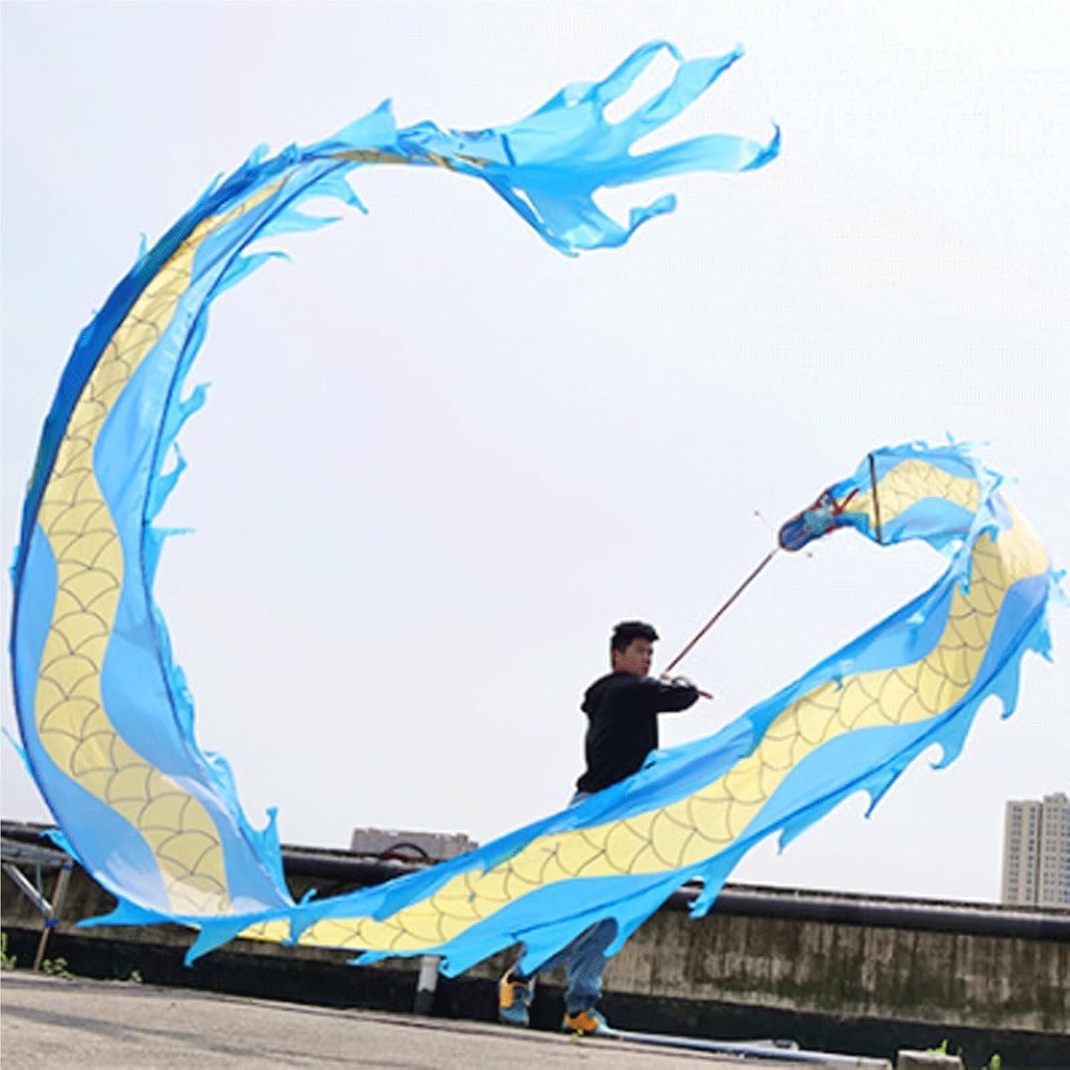 Chinese Dragon Costume Dragon Ribbon Juggling Play Dragon Dance Streamer Dragon Head with Rope Exercise Lion Dance Costume(Blue)
