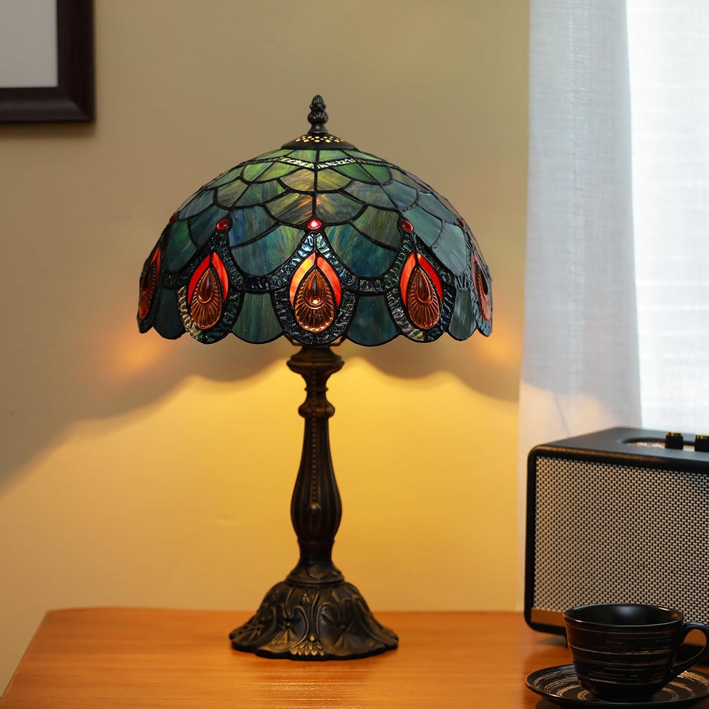 Tiffany Lamps Blue Peacock Tail Style Stained Glass Table Lamp Desk Bedside Reading Light 12X12X18.5 Inches with Bronze Resin Base Applicable to Bedroom Living Room Office