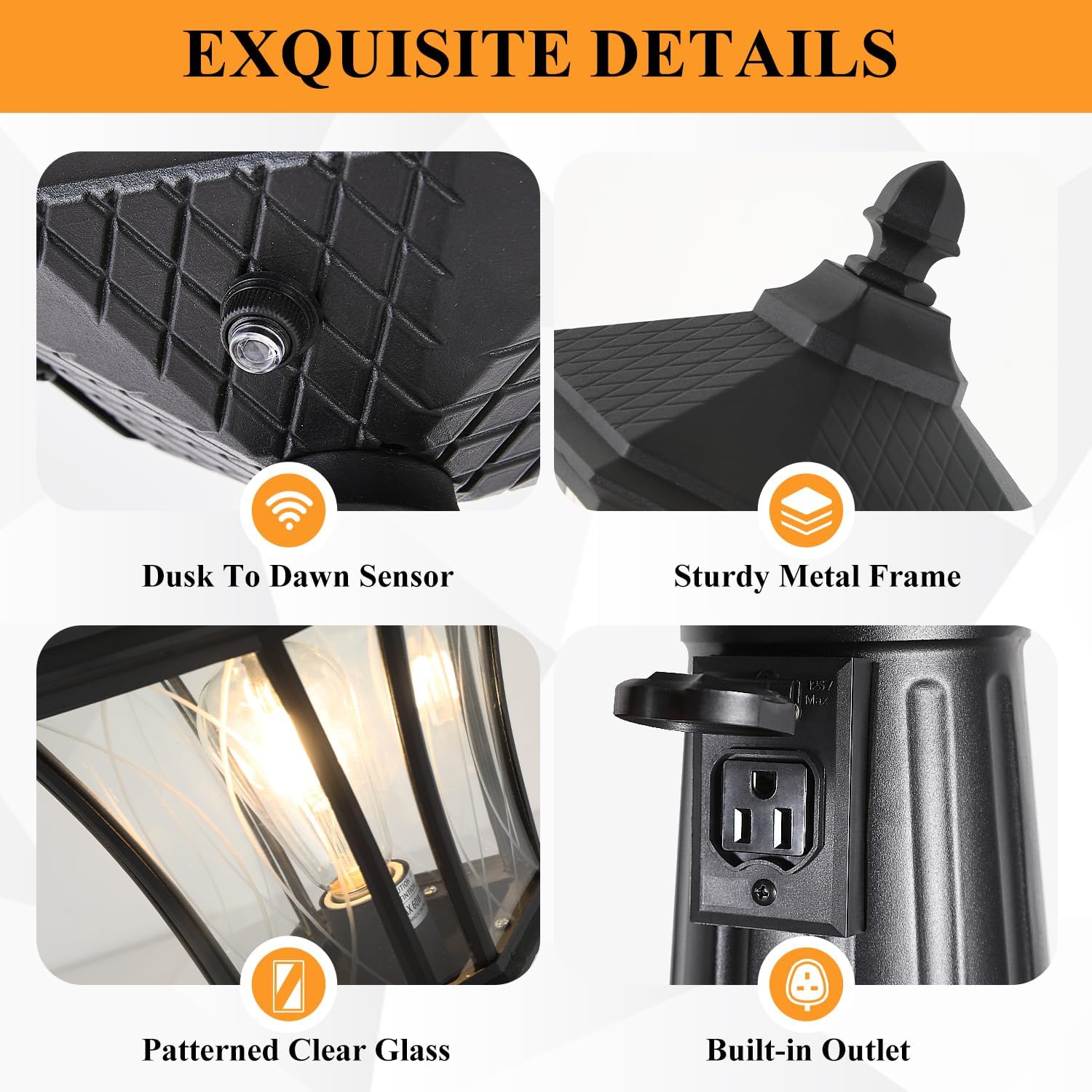 Outdoor Lamp Post Lights with Outlet, Dusk to Dawn Pole Lamp with Patterned Glass, Aluminum Waterproof Outside Street Light with Plug, Hardwired Black Light Pole for Backyard, Garden, Driveway