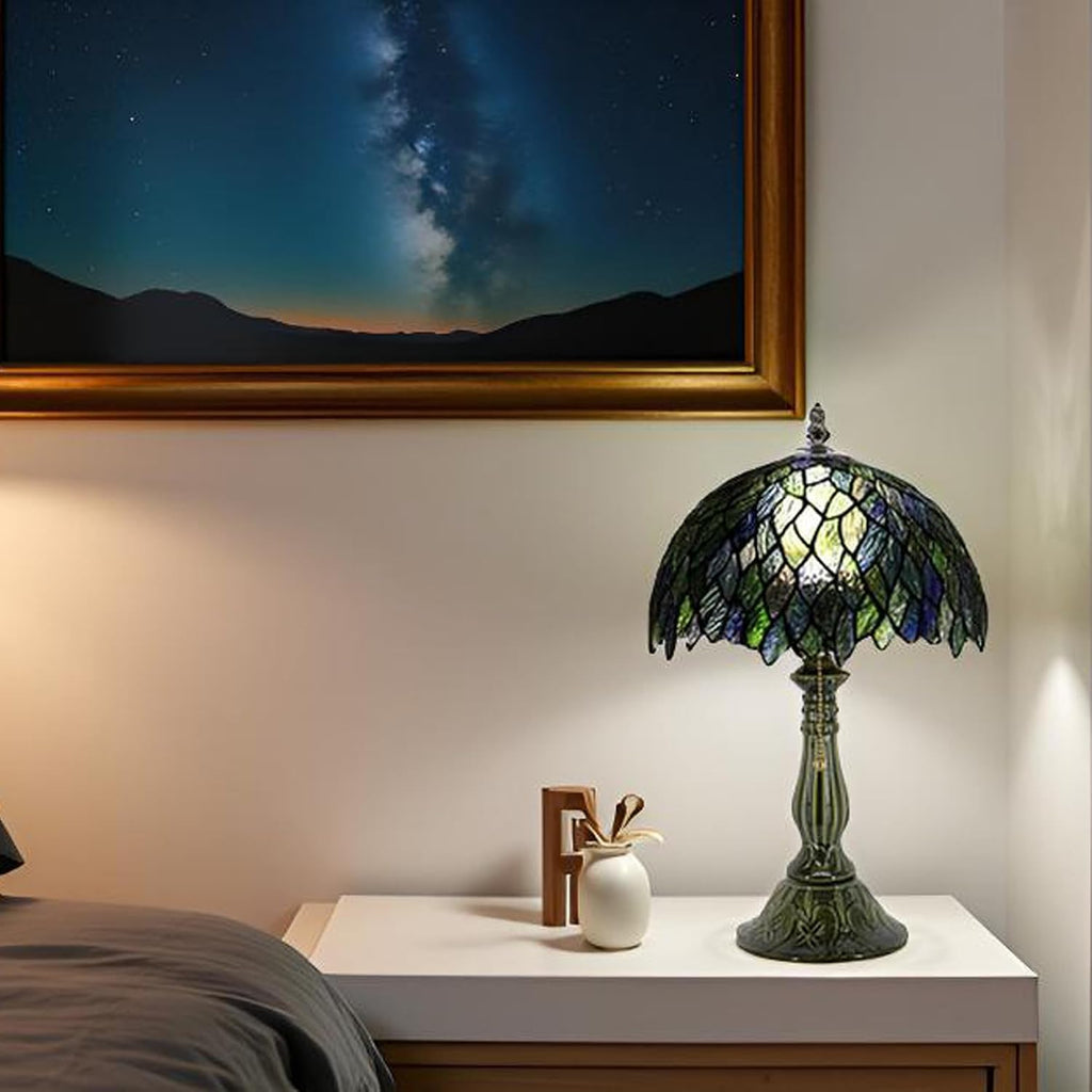 Tiffany Lamp Stained Glass Table Lamps Multicolor Leafage Style Desk Lamp 12X12X18.5 Inch Bronze Ceramic Base Reading Light Suitable for Bedside Bedroom Living Room Dining Room Office