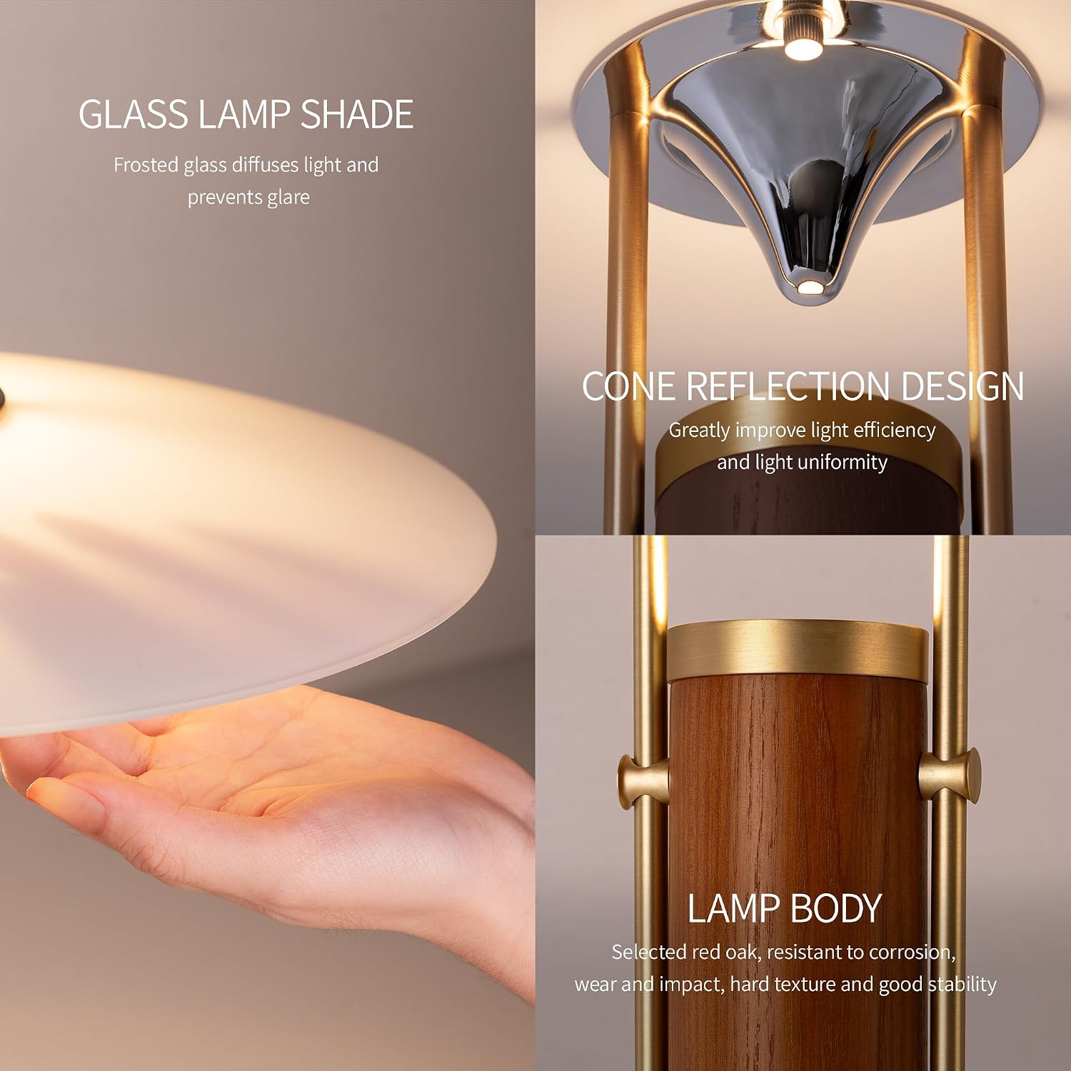 Aisilan 12W LED Gold Desk Lamp, Plug-in Touch Dimmable Bedside Light with Pure Brass, Frosted Glass & White Ash Wood, Mid-Century Modern Design