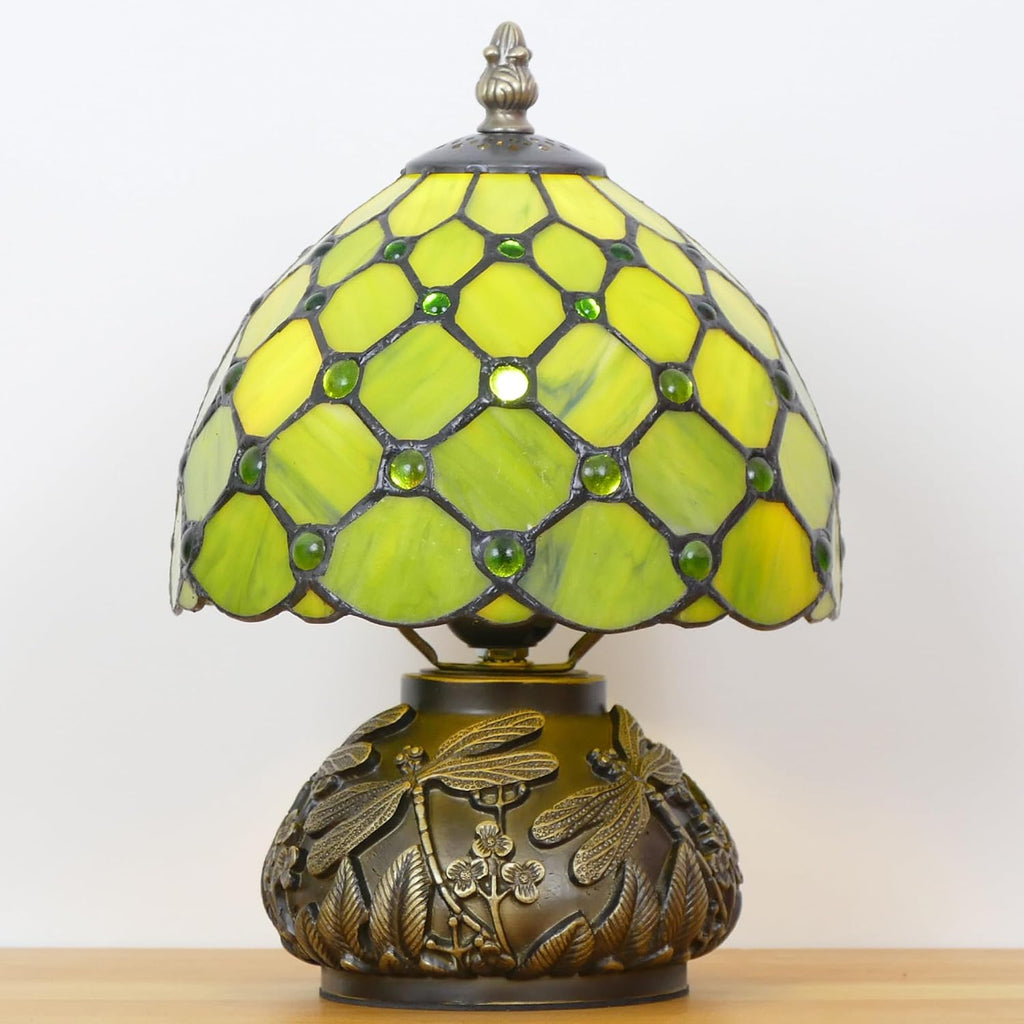 Small Tiffany Lamp Mini Stained Glass Table Lamp Green Yellow Pearl Style Mushroom Accent Lamp 8X11 Inch