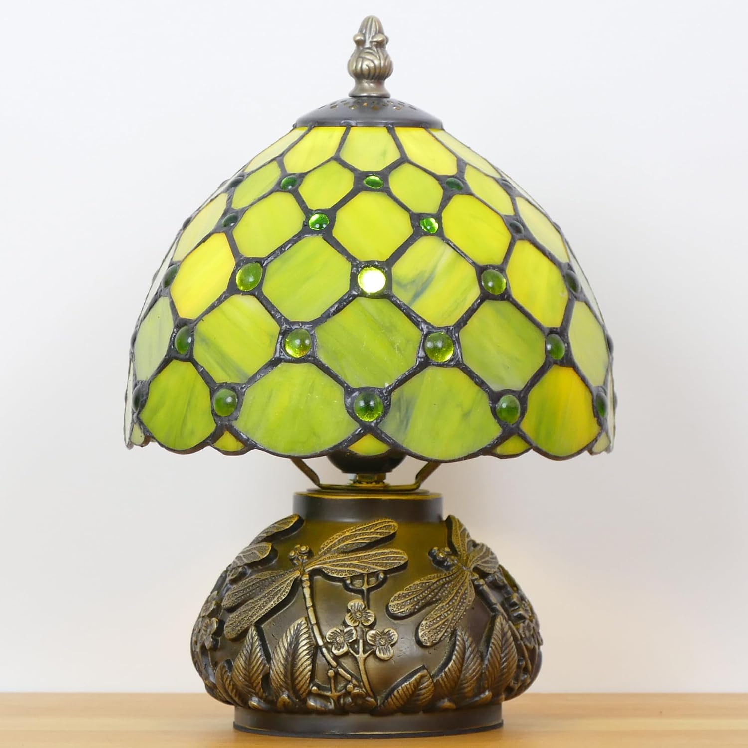 Small Tiffany Lamp Mini Stained Glass Table Lamp Green Yellow Pearl Style Mushroom Accent Lamp 8X11 Inch