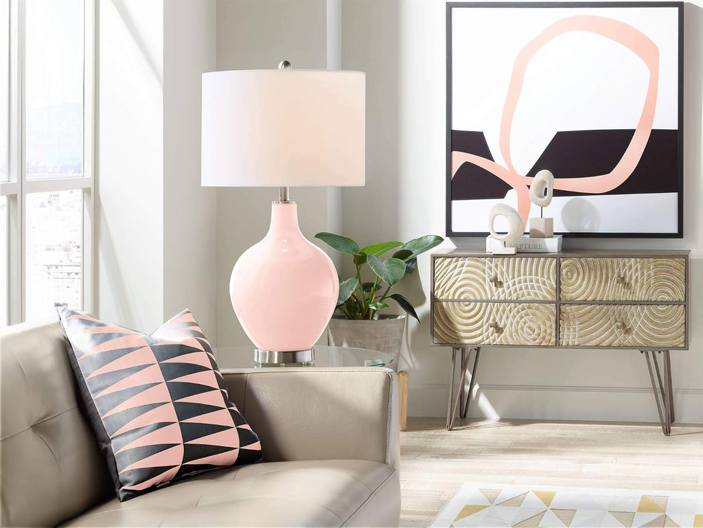 Color + Plus Modern Table Lamp 28.5' Tall Rose Pink Glass OVO White Linen Drum Shade for Living Room Family Bedroom Bedside Nightstand Office