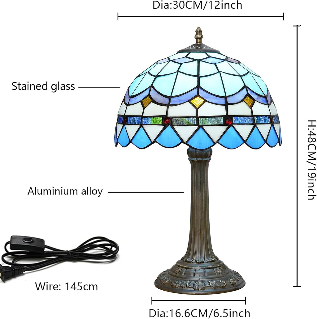 Tiffany Table Lamp Stained Glass Lamp Mediterranean Blue Bedroom Table lamp Reading Desk Light for Bedside Living Room Office Dormitory Dining Room Decorate Housewarming Gift 12X12X18 inches