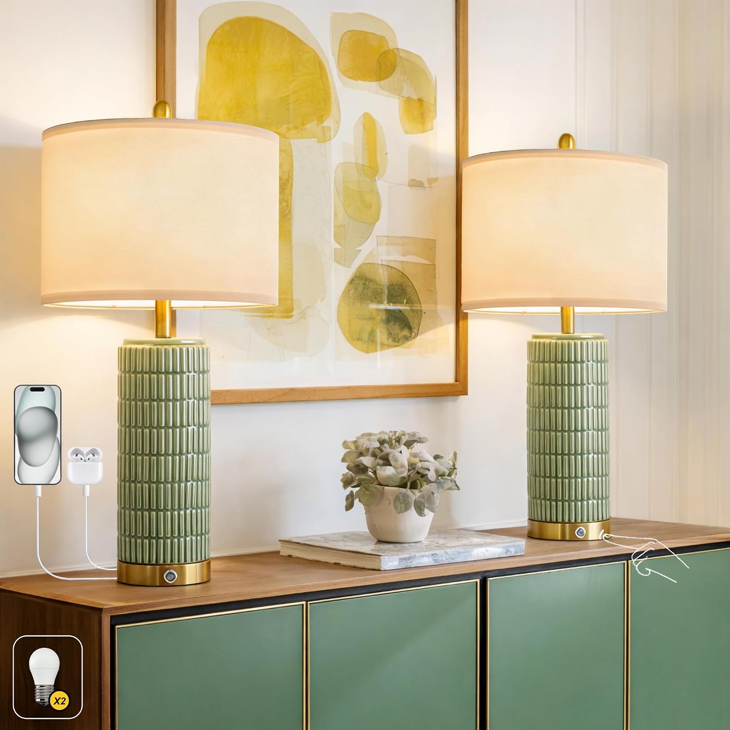 PoKat 25'' Bedside Table Lamps Set of 2 for Living Room with USB A&C Ports, Touch Lamps with 3-Way Dimmable Control for Bedroom, Farmhouse Green Lamps for Nightstand Office Hallway (Bulbs Included)