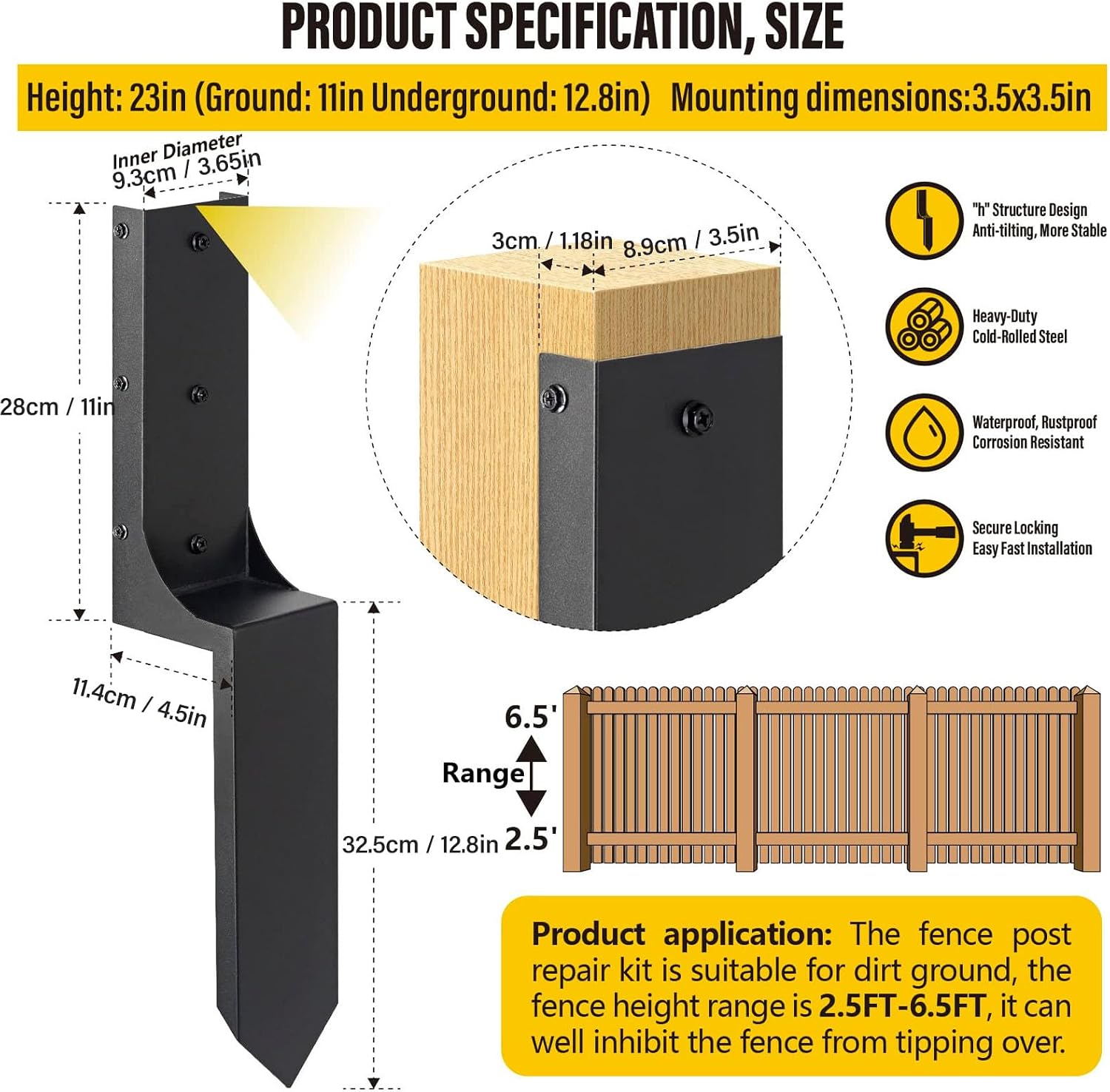 FLEXMAN 6Pcs Thickened Fence Post Repair Stakes Kit, 11+12.8 X 4.5 Steel Fence Anchor Support Ground Spike with Accessories, Heavy Duty Ground Spike for Repair Wood Fence