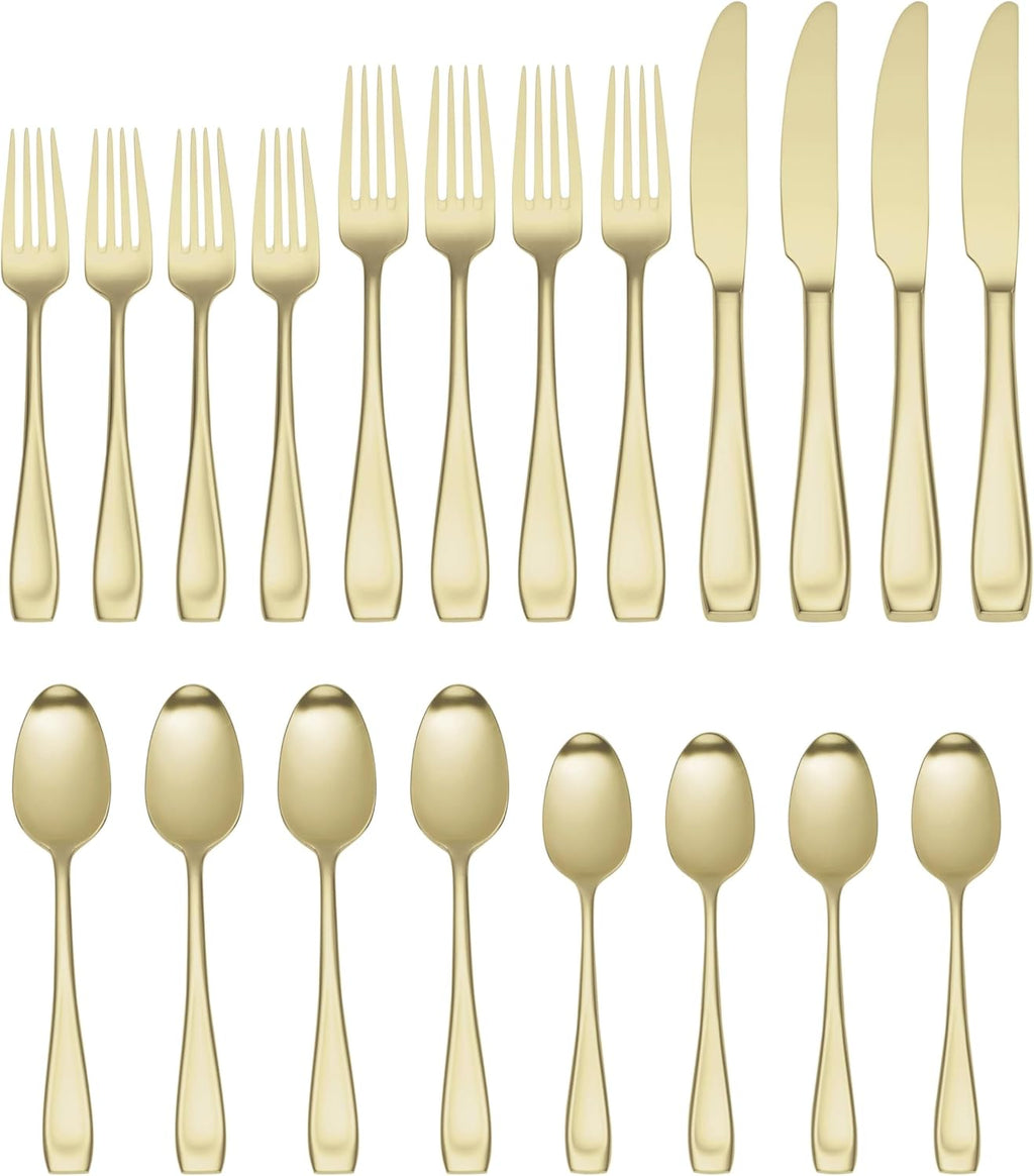 Oneida Silverware Set, Moda Satin Champagne 20 Piece Fine Flatware Set, Service For 4, 18/10 Stainless Steel, Dishwasher Safe, Cutlery Sets, Utensils Sets, Knives Spoons And Forks (Gold, 20 Pieces)
