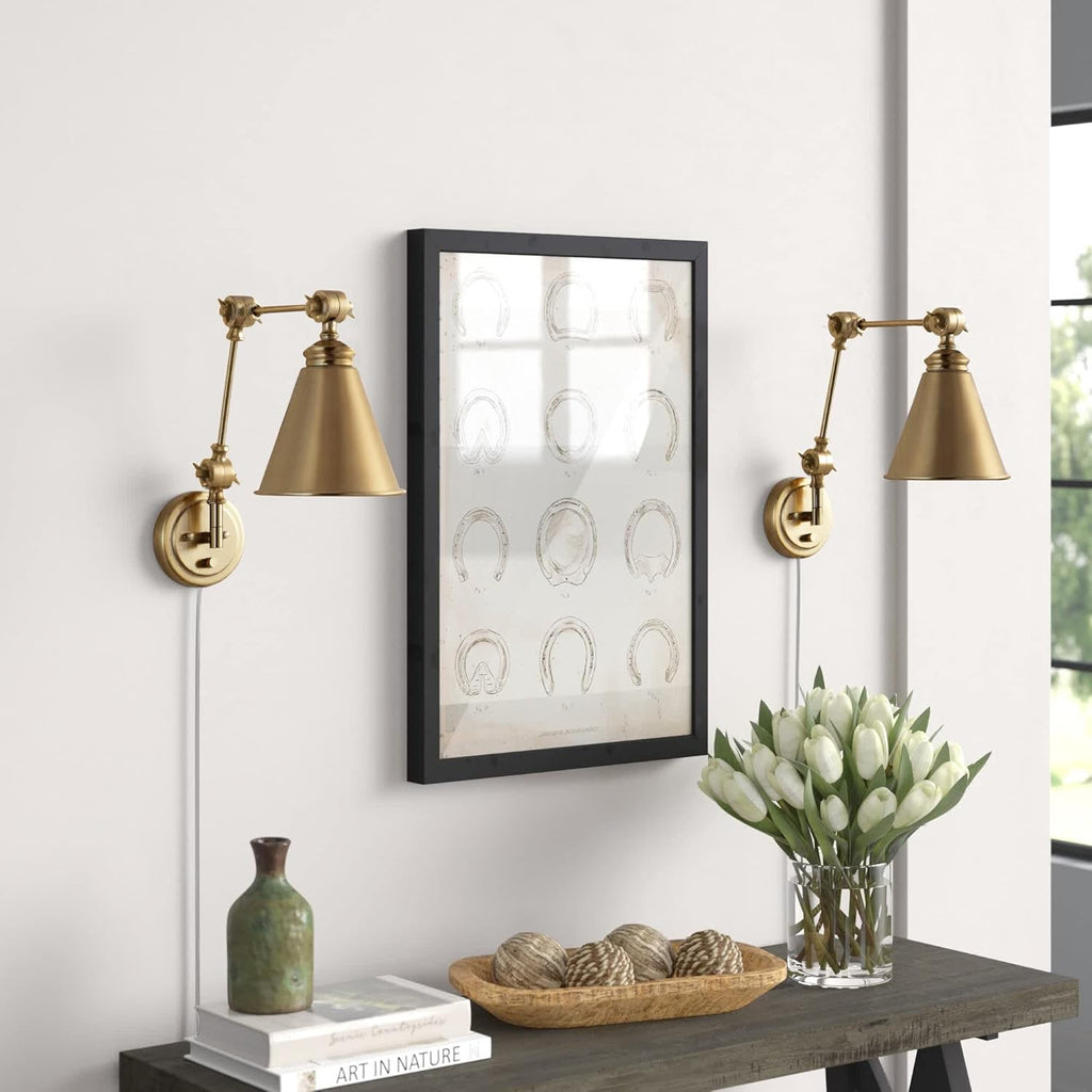 WINGBO Farmhouse Swing Arm Wall Sconce Set of 2, Industrial Adjustable Wall Lamp Light Fixture for Living Room Bedroom Vanity Study Desk Office, Plug in or Hardwired, Brass