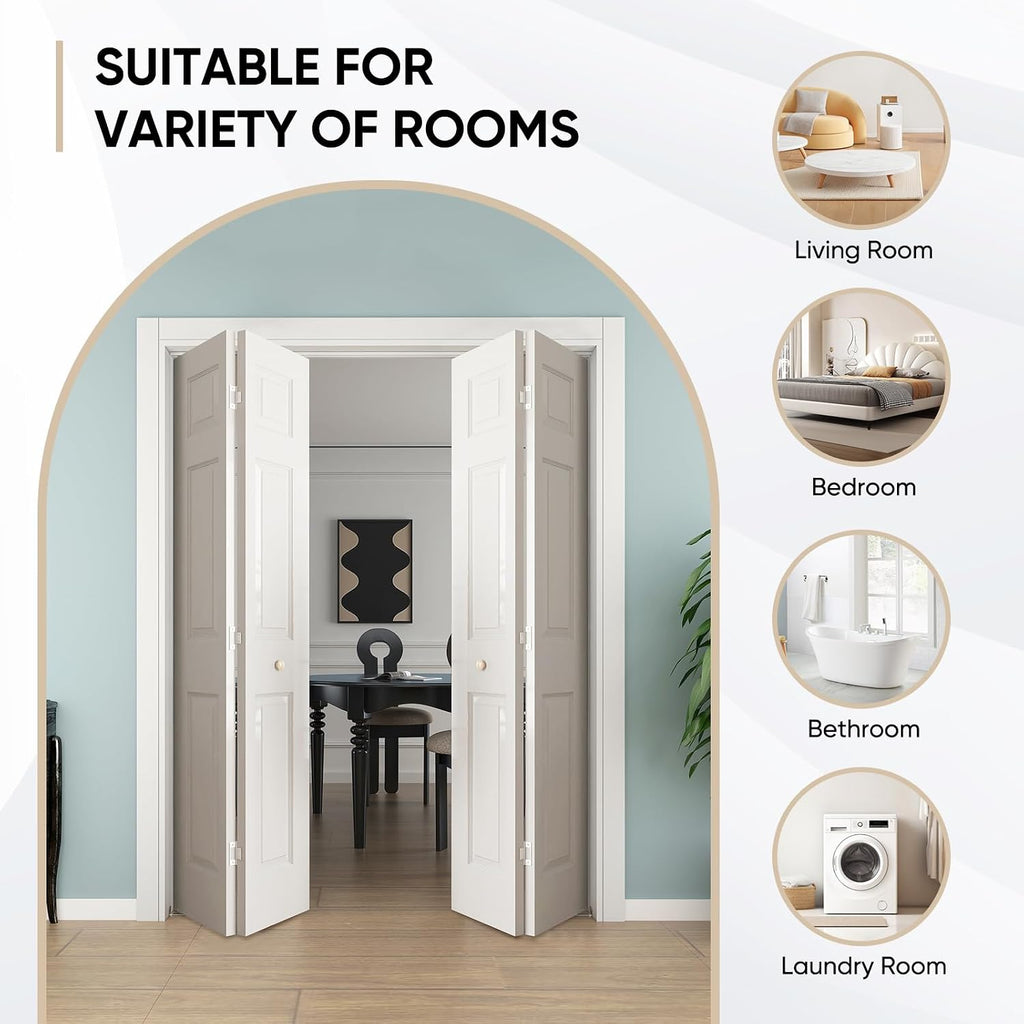 JUBEST Bifold Doors, 6 Panel Primed Bifold Closet Doors for 60'x80' Door Opening, Modern White Hollow Core Bi-Fold Door Slab with Hardware Kit & Knob, Widely Used, Primed