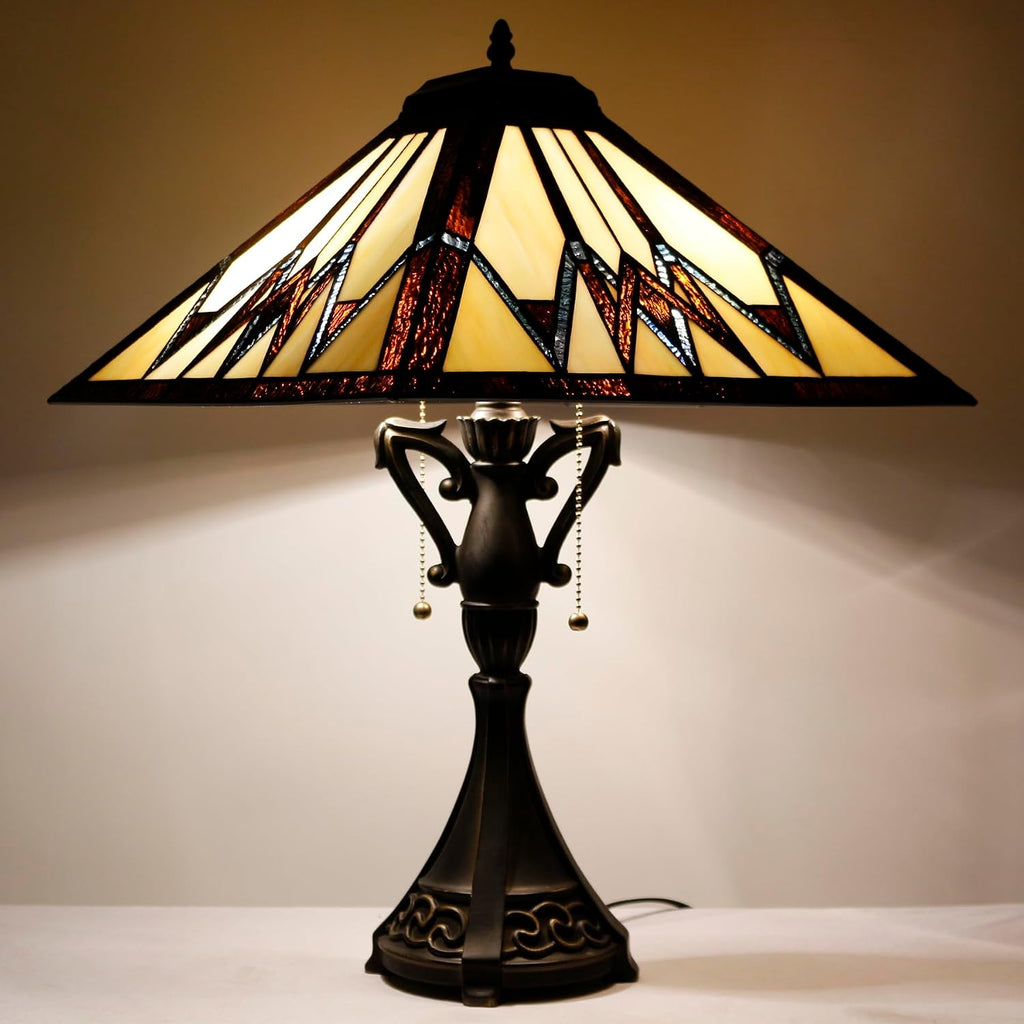 Tiffany Table Lamp Stained Glass Cream Amber Square Geometric Mission Style Desk Reading Light 16X16X24 Inch for Bedroom Living Room Home Office