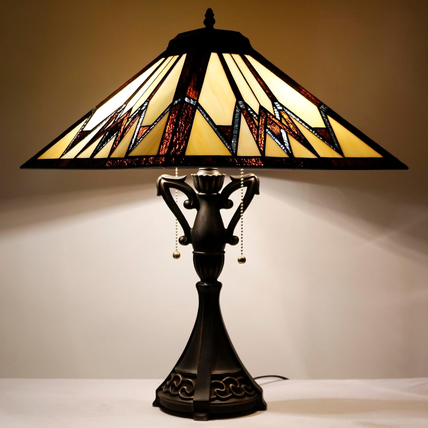 Tiffany Table Lamp Stained Glass Cream Amber Square Geometric Mission Style Desk Reading Light 16X16X24 Inch for Bedroom Living Room Home Office