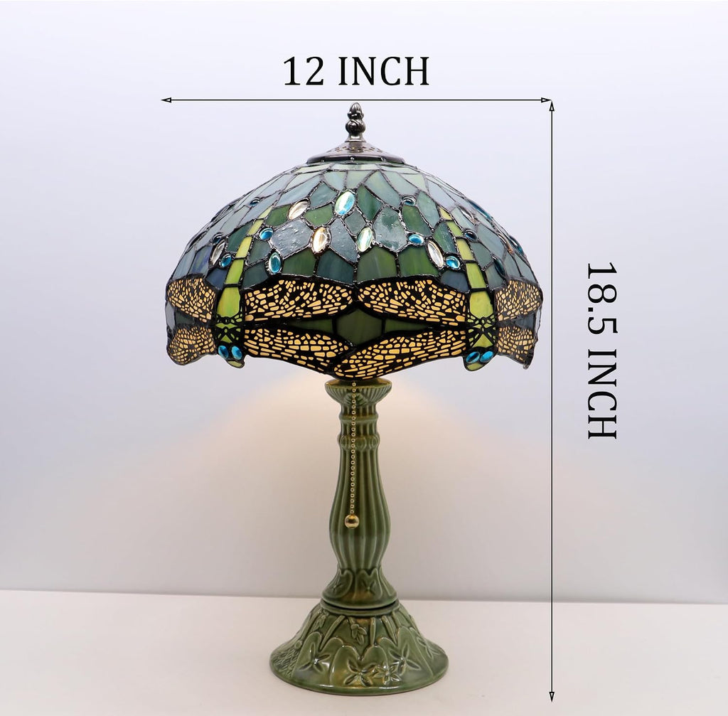 Tiffany Lamp Stained Glass Table Lamps Sea Blue Dragonfly Style Desk Lamp 12X12X18.5 Inch Bronze Ceramic Base Reading Light Suitable for Bedside Bedroom Living Room Dining Room Office