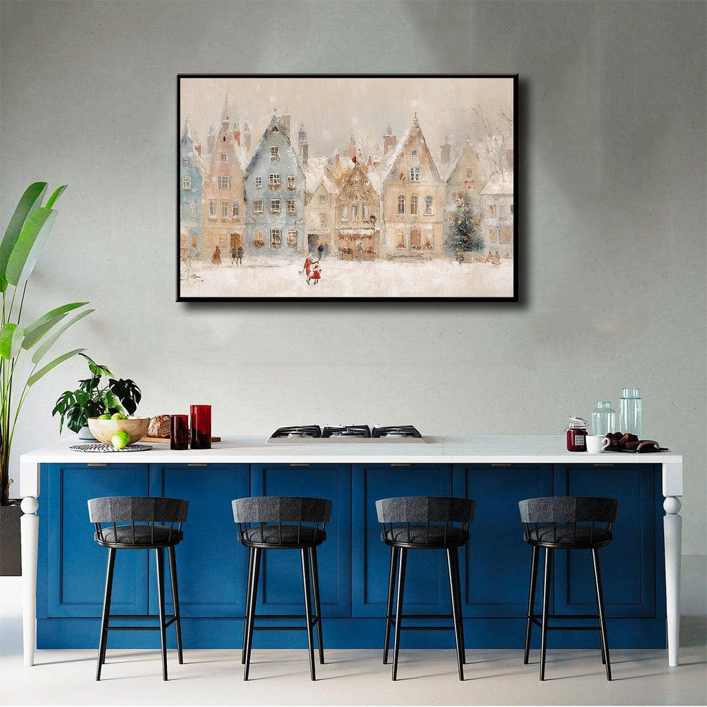 CHAPIAOXIANG Winter village wall art print, European Christmas town oil painting, Christmas illustration, snowy holiday street scene, rural scenery, nursery wall decor 24x36in Metal blackFramed