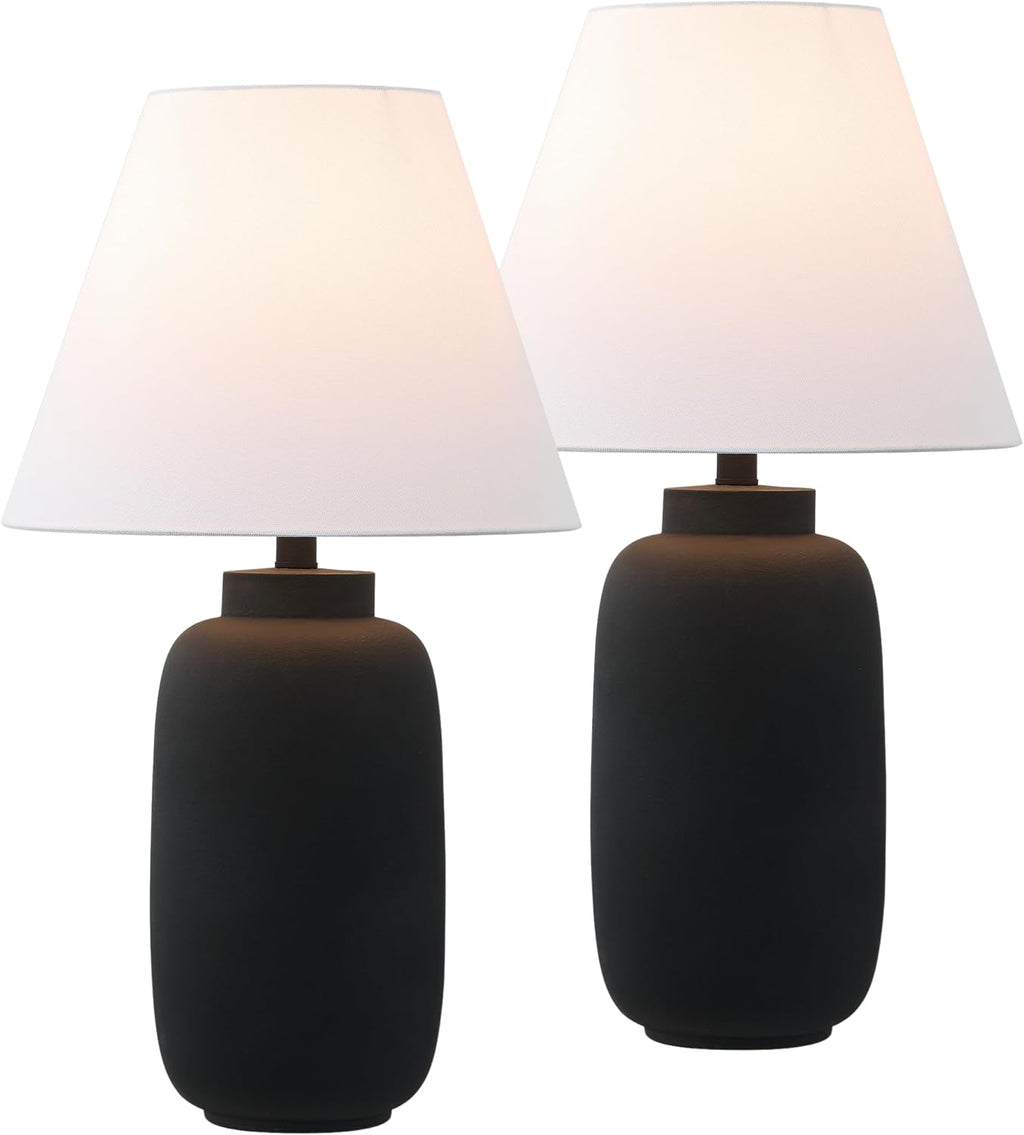 JONATHAN Y 24.5' Matte Black Modern Ginger Jar Table Lamp Set of 2 for Bedroom, Farmhouse Scandinavian Lamps for Nightstand, White Linen Shade, LED Bulbs Included JYL5603A-SET2