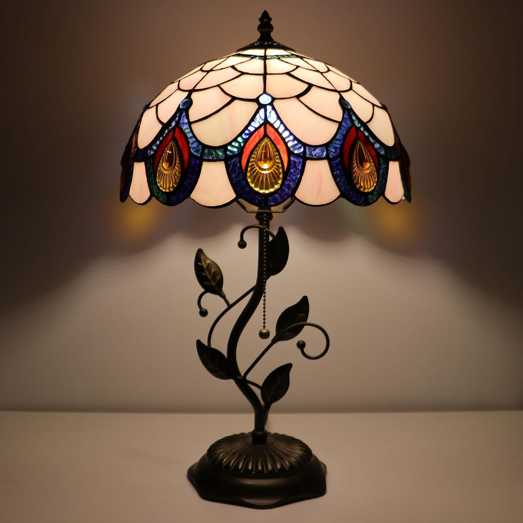 Tiffany Lamp Pink Peacock Tail Style Stained Glass Table Lamp Desk Bedside Reading Light 12X12X19 Inches with Metal Leaf Base