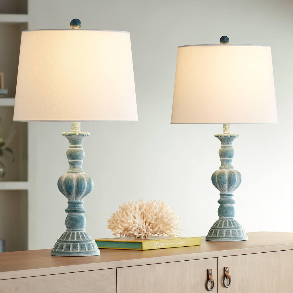 Regency Hill Tanya 26 1/2' Tall Farmhouse Rustic Traditional Table Lamps Set of 2 with Smart Sockets Blue Wash Cottage Core Living Room Bedroom Bedside Nightstand House Office Home White Shade