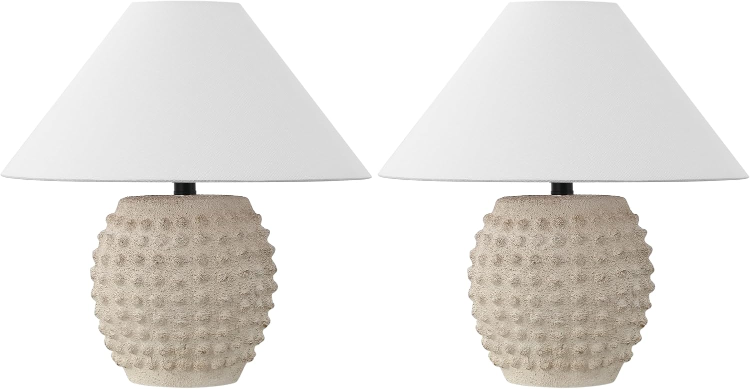 JONATHAN Y 18.25' Matte Cream Ceramic Hobnail Table Lamp Set of 2 for Bedroom, Modern Minimalist Farmhouse Bedside Nightstand Lamps, White Linen Shade, LED Bulbs Included (JYL5601B-SET2)
