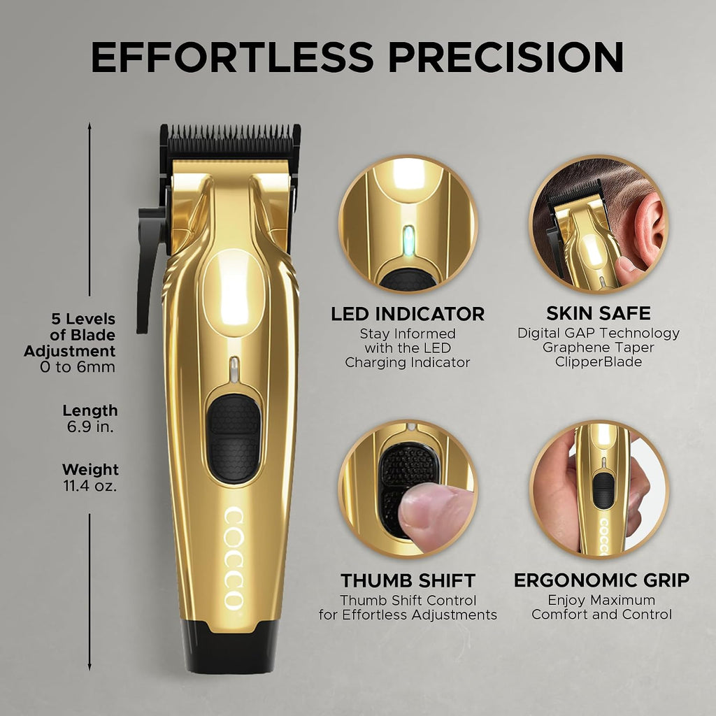 Cocco Veloce Pro Clipper, Digital Gap Ambassador Graphene Taper Blade Professional Hair Clippers, High-Torque BLDC Motor, All-Metal, Cordless, Charging Base Included