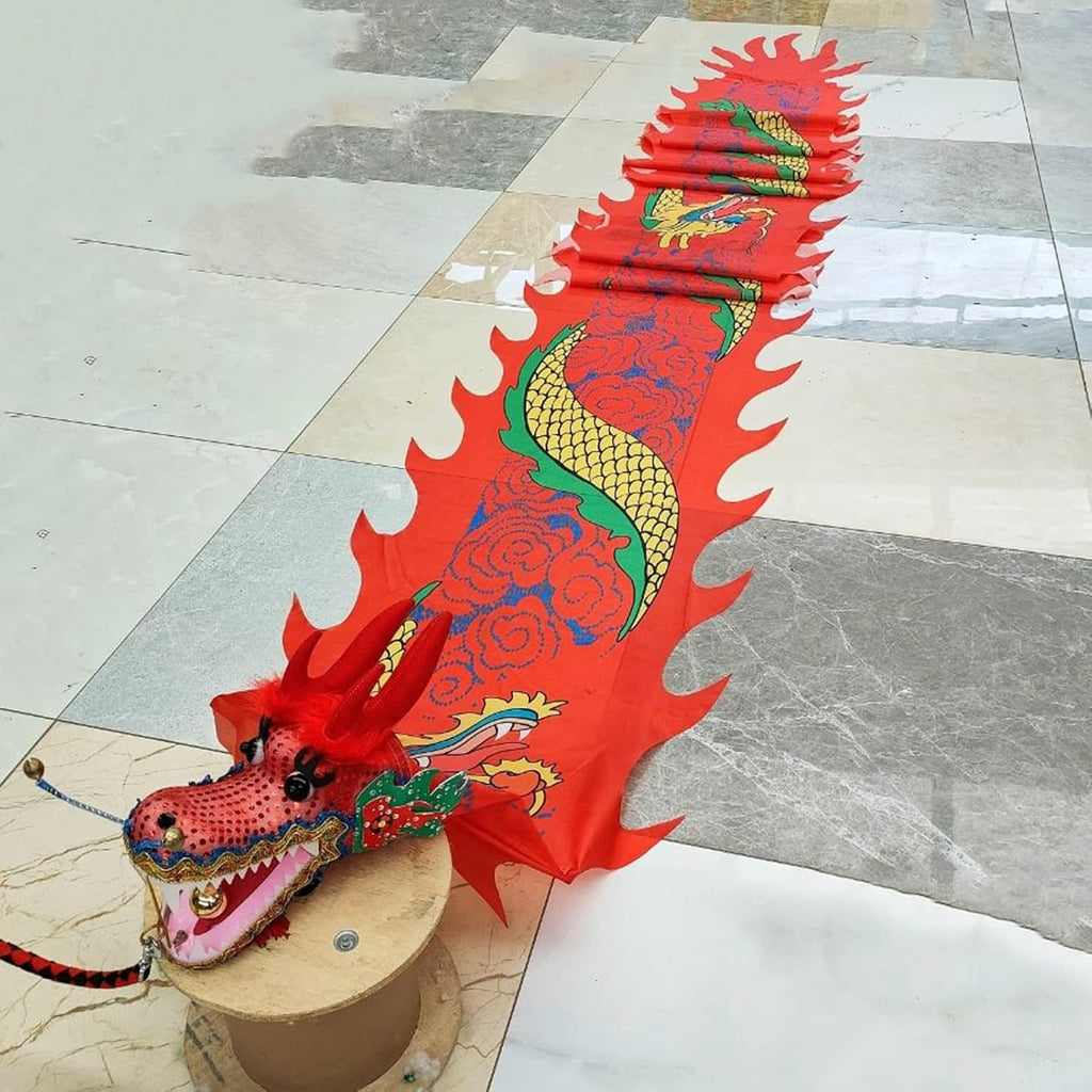 Chinese New Year Dragon Body Ribbon Dancer - Real-Like Plastic Dragon Head - Silk Shaking Streamer - Washable - Perfect for Festivals and Celebrations