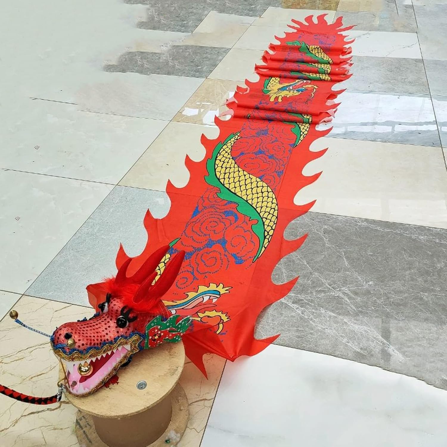 Chinese New Year Dragon Body Ribbon Dancer - Real-Like Plastic Dragon Head - Silk Shaking Streamer - Washable - Perfect for Festivals and Celebrations