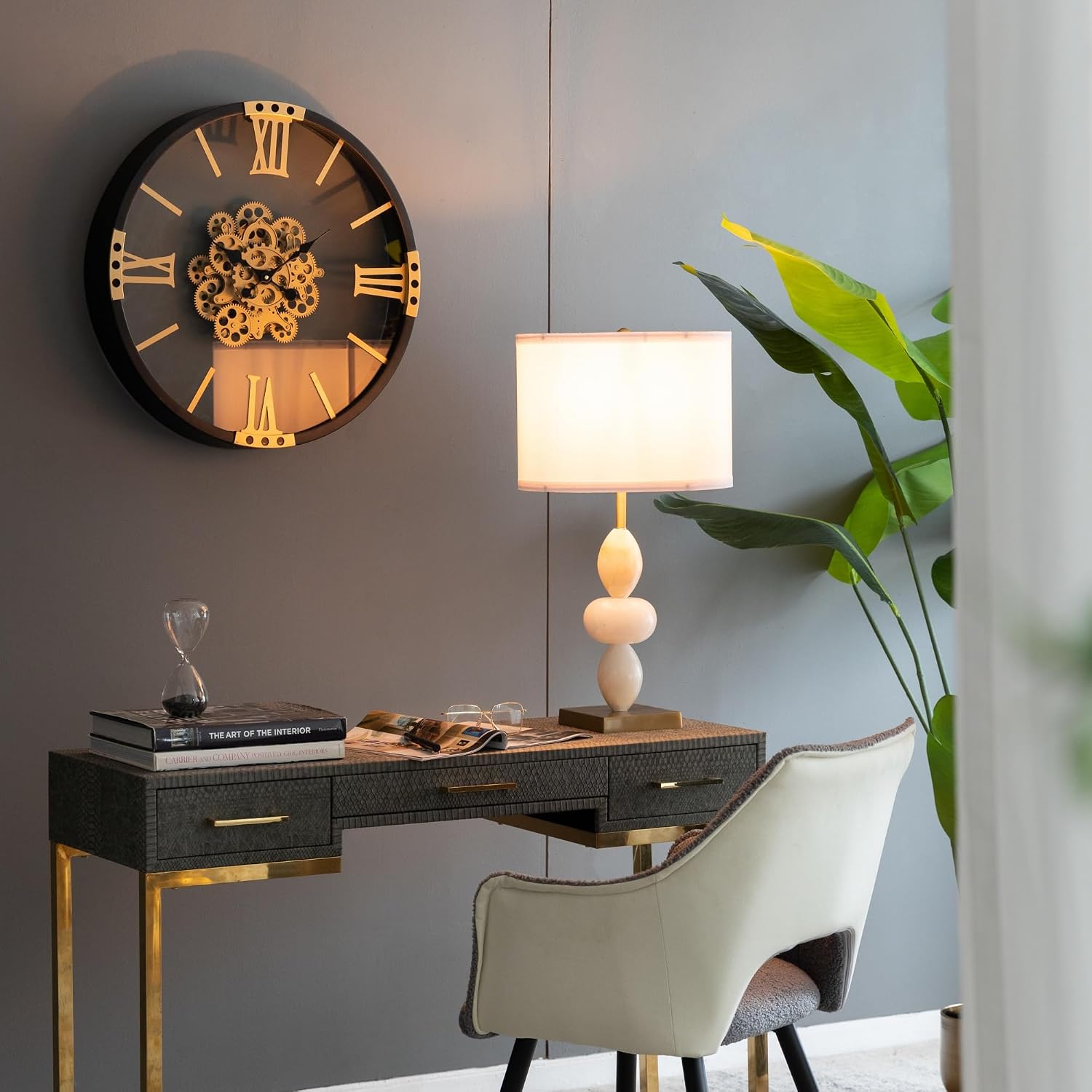 Montary 26.3' White and Gold Three Tiered Round Alabaster Table Lamp with Drum Shade, Contemporary Aesthetics Bedside Desk Lamp for Bedroom Living Room Office Café Bookcase Home Decor