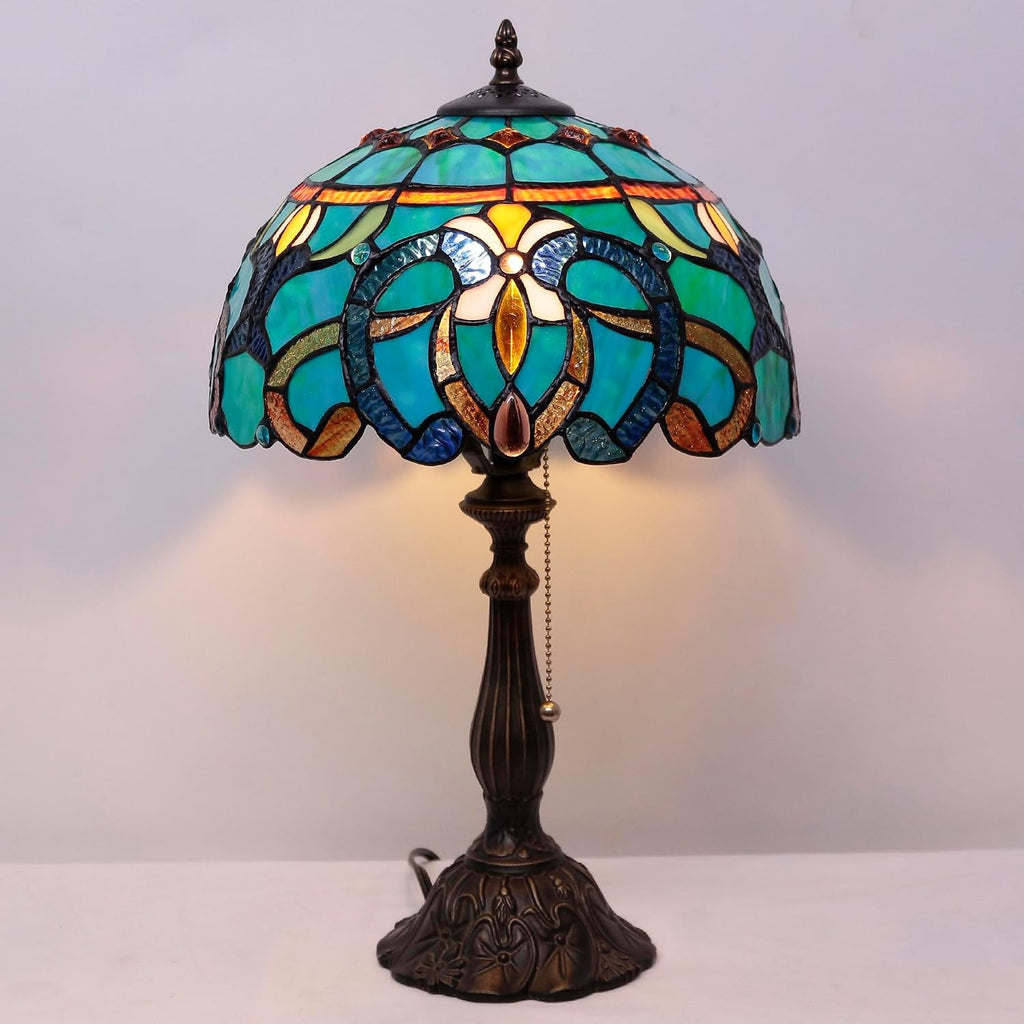 Tiffany Table Lamp Stained Glass Lamp 12X12X19 Inch Antique Reading Light (Green Brown Jewelry Baroque)