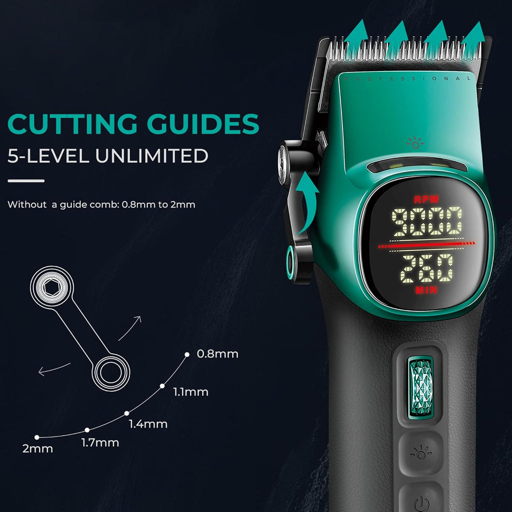 VGR 885 S2 Cordless Barber Clippers and Trimmers Kit, Professional Hair Clippers for Men, Haircut Kit with DLC-Coated Ceramic Blades, 21-Speed Roller, 2 Magnetic Charging Bases, LED Display, Green