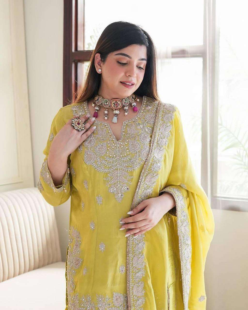 Dimin Crafts Women's Chinon Silk Embroidered Kurti With Sharara & Dupatta Set with Rivet Moti Work