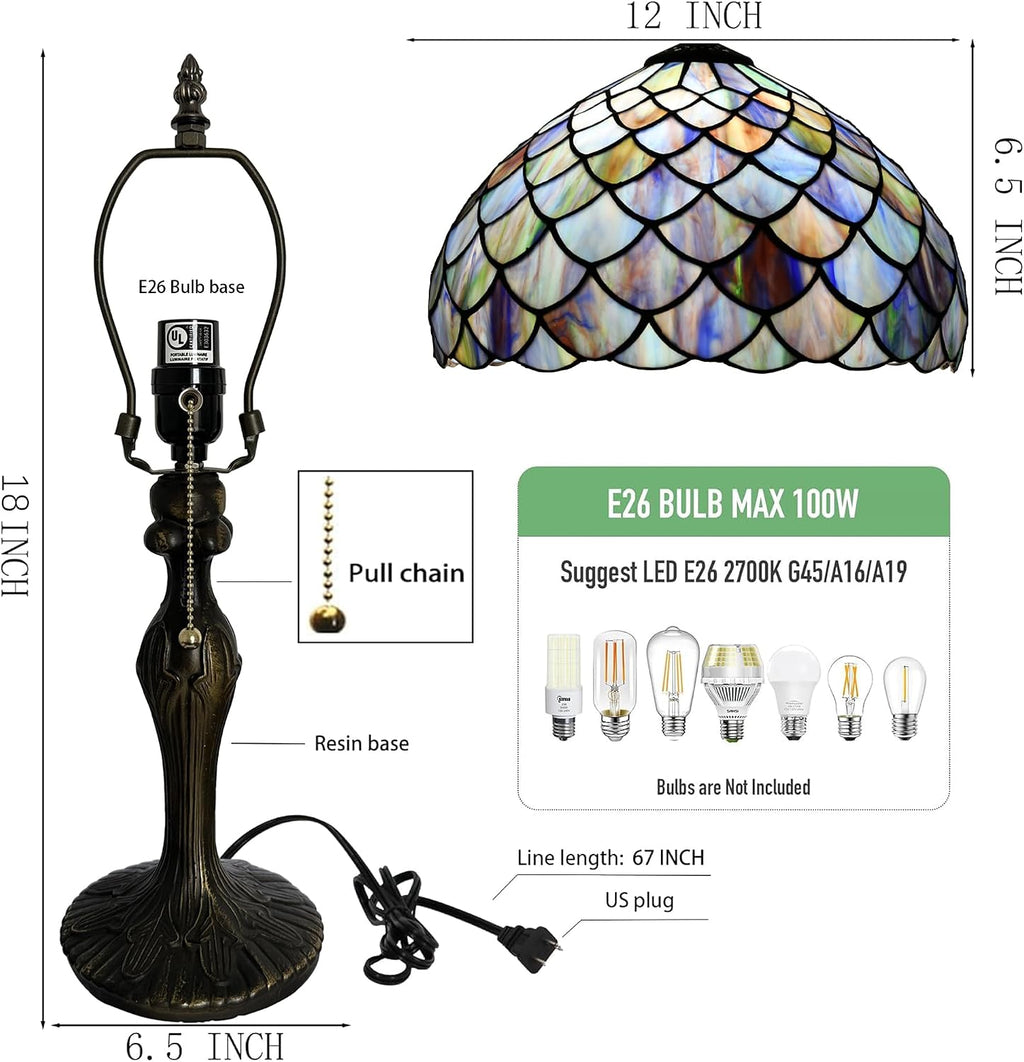 Tiffany Lamp Stained Glass Table Lamp 12' x 19' Blue Fish Scales Style Decorative Lamp Bedside Reading Lamp for Desk Living Room Bedroom Office Study Light Home Decor Gift